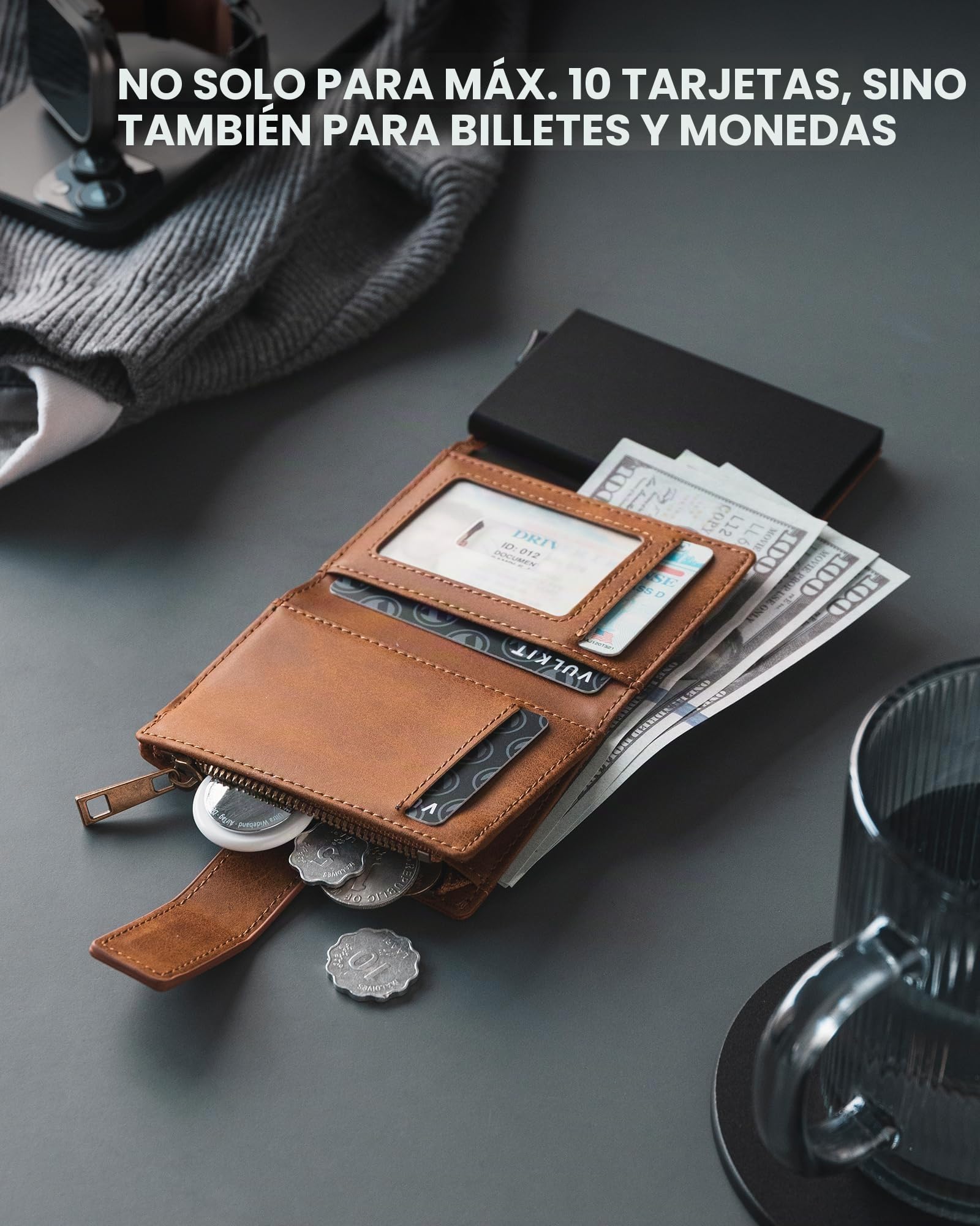 VULKIT Cartera Hombre con Cadena, Tarjetero Aluminio Pop UP Protección RFID, Ventana ID, Bolsillo Cremallera y Compartimento para Monedas y Billetes, Marrón