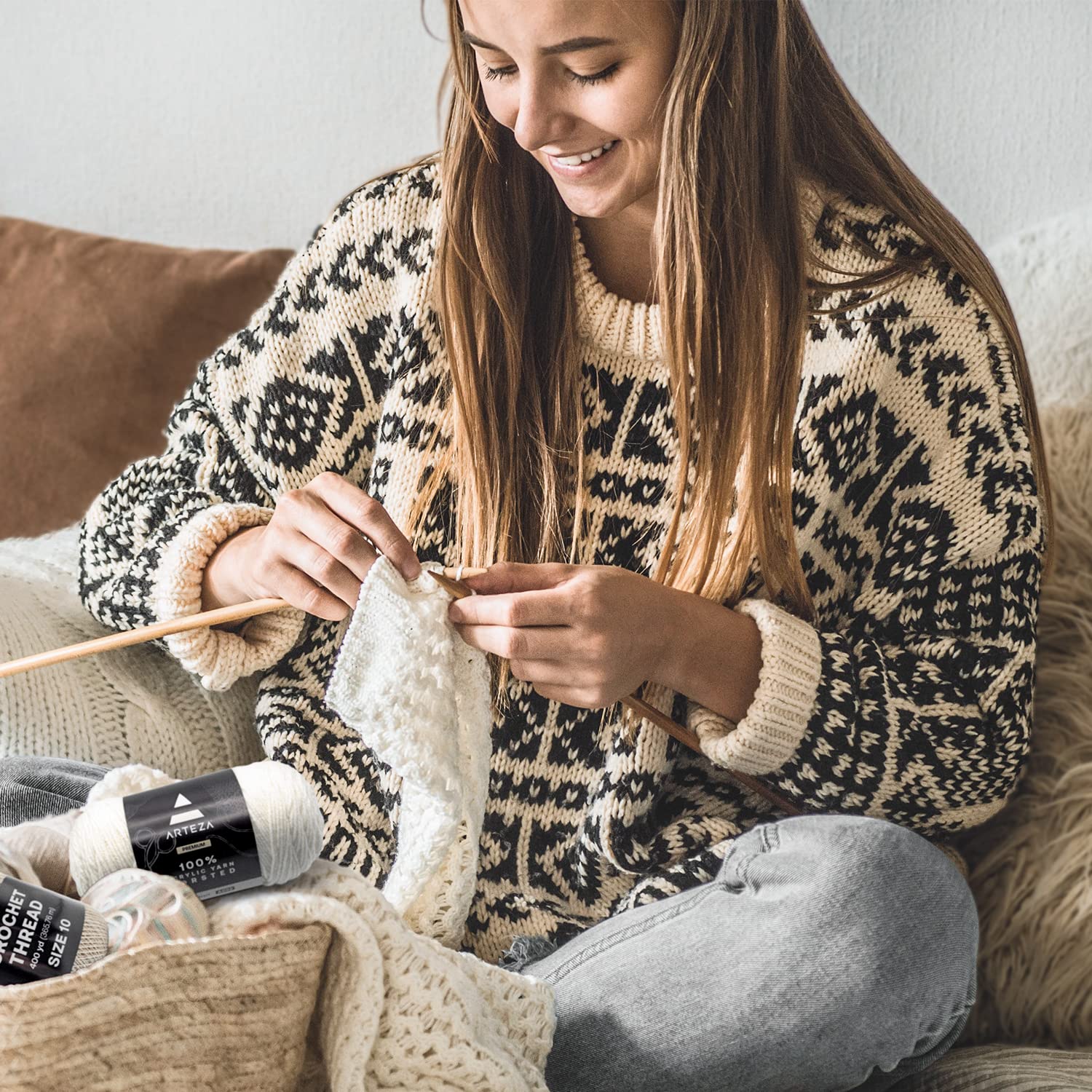 Arteza Set di 6 fili per uncinetto, 100% cotone, mercerizzati, misura 25,4 cm, bianco, beige e naturale, misura 7,6 cm, bianco e naturale, morbidi e colorati per lavori a maglia e uncinetto