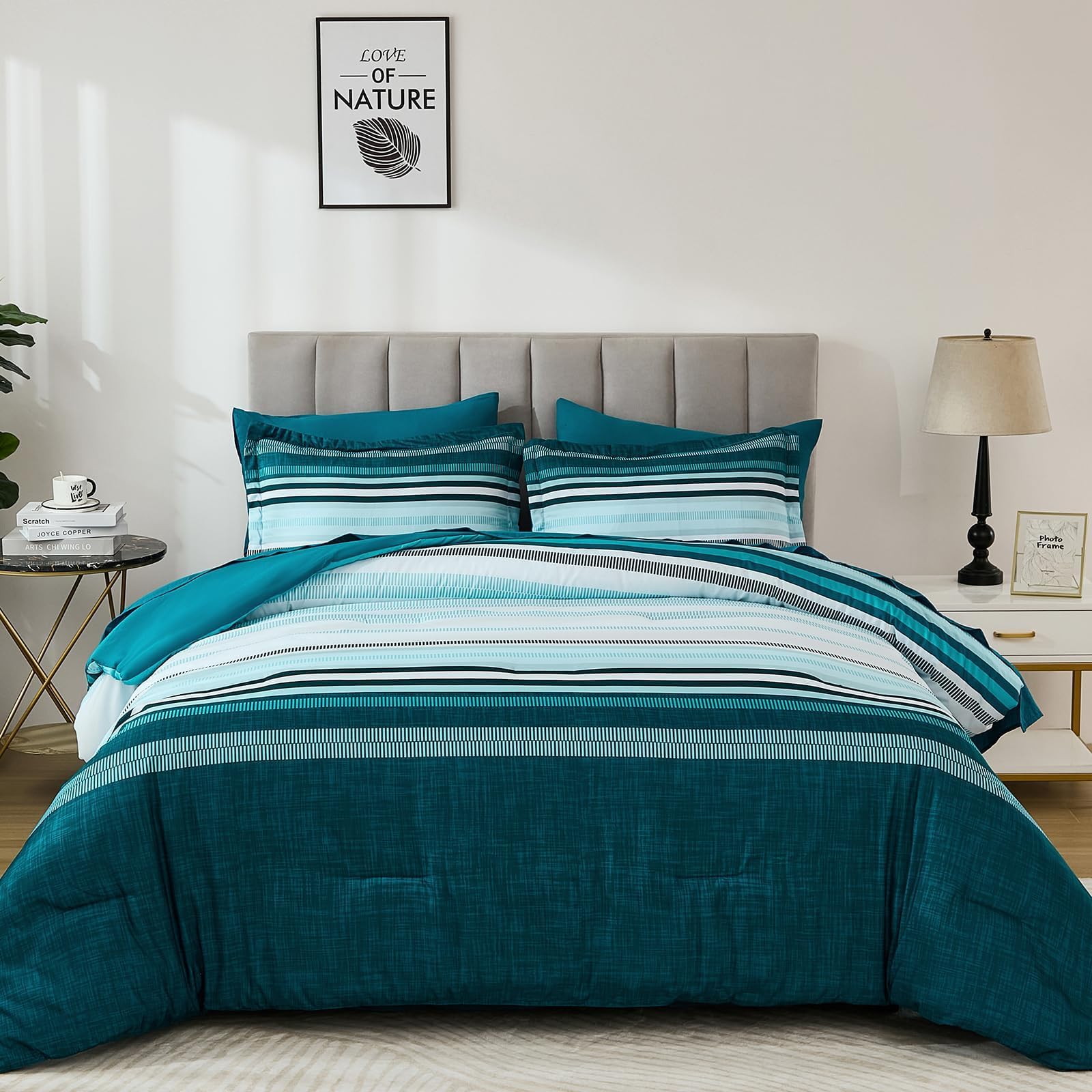 Dobuyly Bettwäsche-Set für Queen-Size-Betten, 7-teilig, blaugrün, gestreift, Boho, gestreift, Queen-Size-Größe, weiche Mikrofaser, Ganzjahres-Bettwäsche-Set mit Bettdecke, Laken, Kissenbezügen und