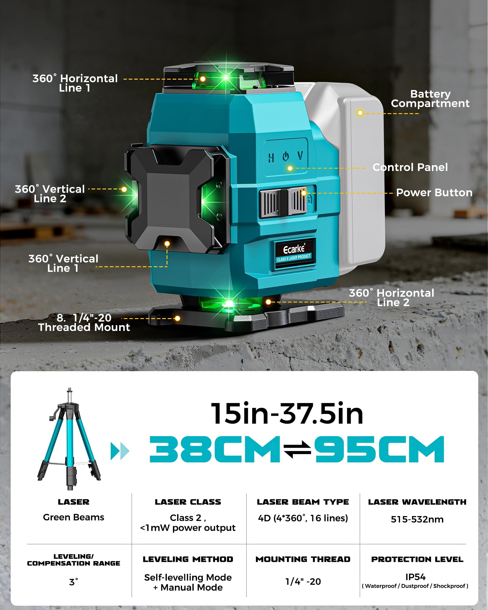 Ecarke 4D Laser à Lignes Croisées Vert, 16 Lignes, 4x360° avec Trépied, Compatible avec Batterie Ma-kita 18V, Laser Auto-Nivellant pour La Construction, Les Carreaux (Outils Uniquement)