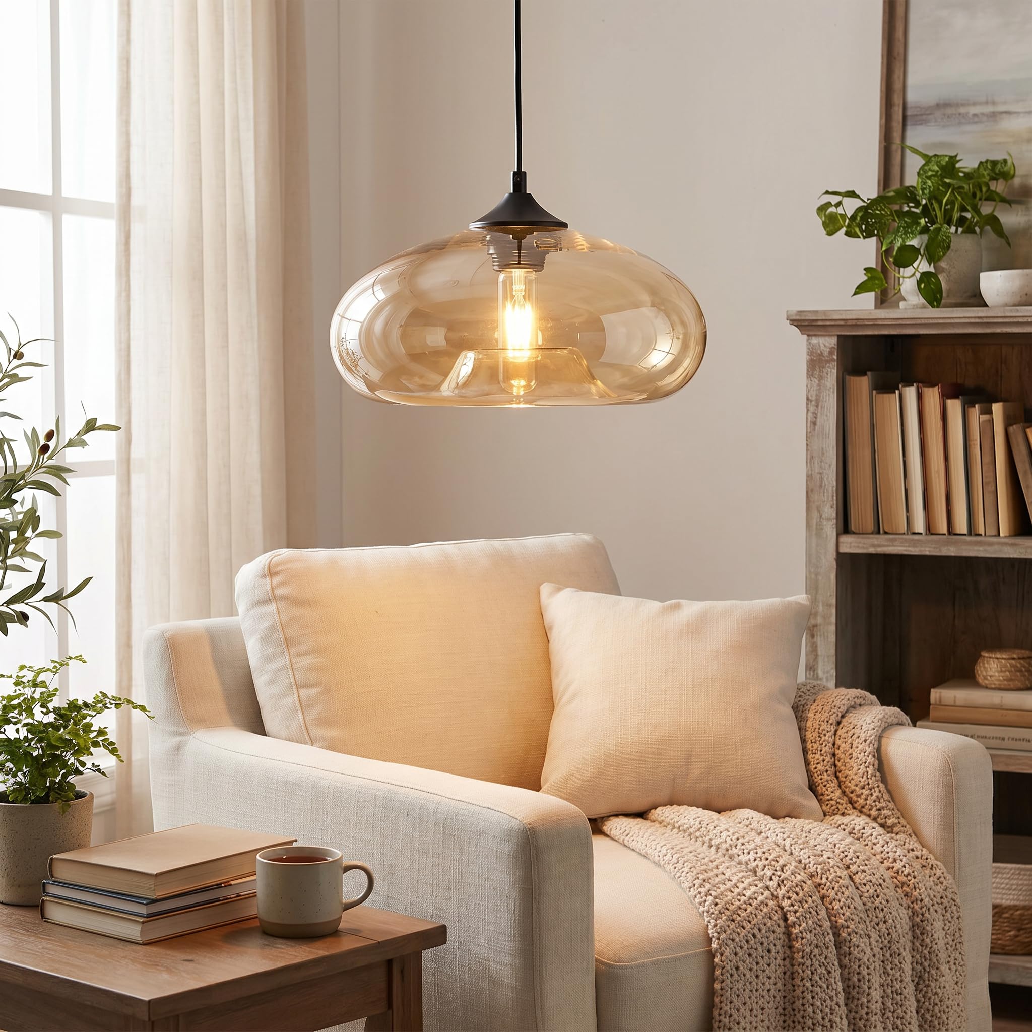 Einflammige Pendelleuchte mit Bunt Glas Lampenschirm, Vintage-Industriedesign, E27 Dekorative Hängelampe für Kücheninsel, Esstische, Esszimmer und Wohnzimmer (Bernstein)
