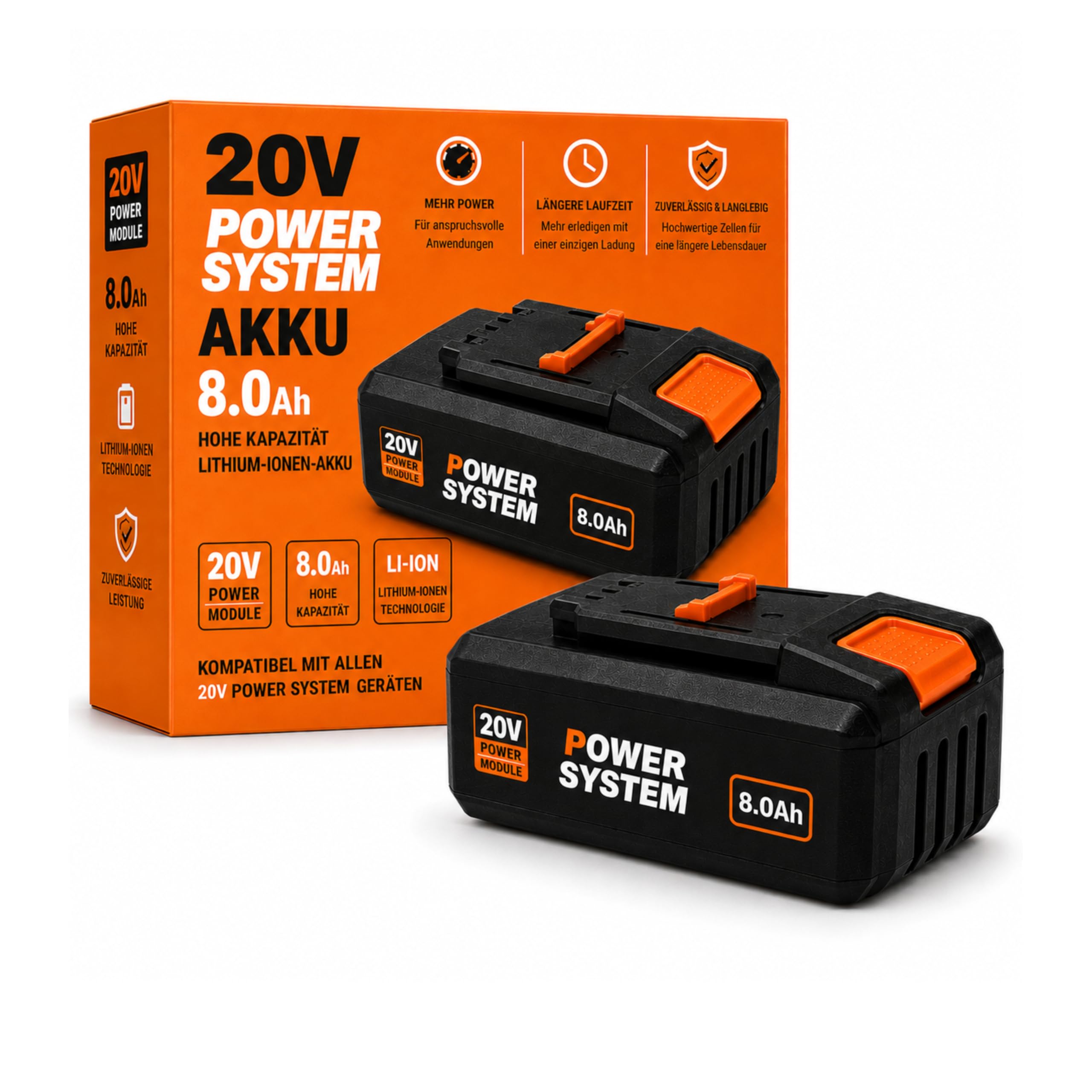 20V 8.0Ah Akku kompatibel mit Worx PowerShare WA3648 – Li-Ion Ersatzakku mit LED Anzeige – Hochleistungsakku für Worx 20V Elektrowerkzeuge – Lange Laufzeit