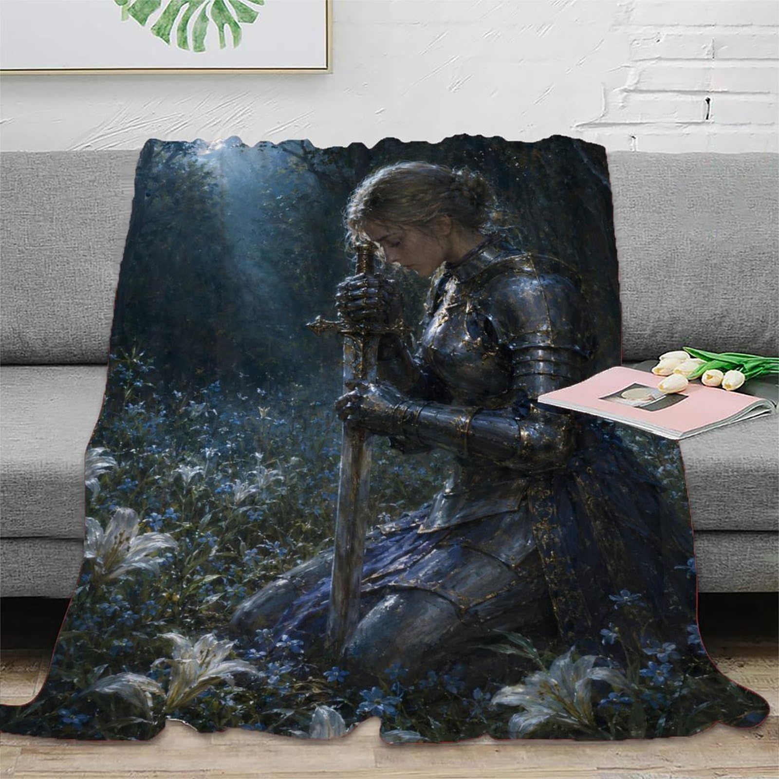 W7C8U2X3 Medieval Female Knight Moonlit Throw Blanket, Flannel, Guest Room
