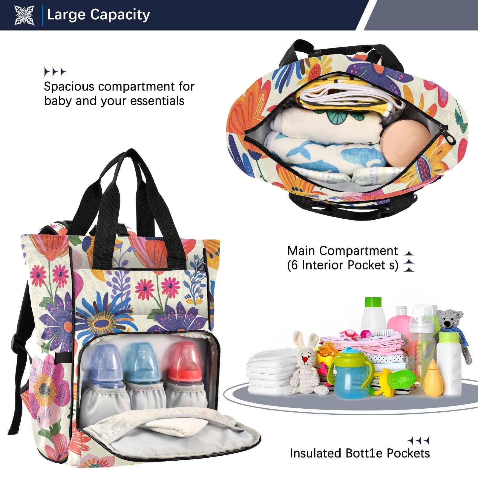 Bolsa de pañales para bebé niña con flores coloridas