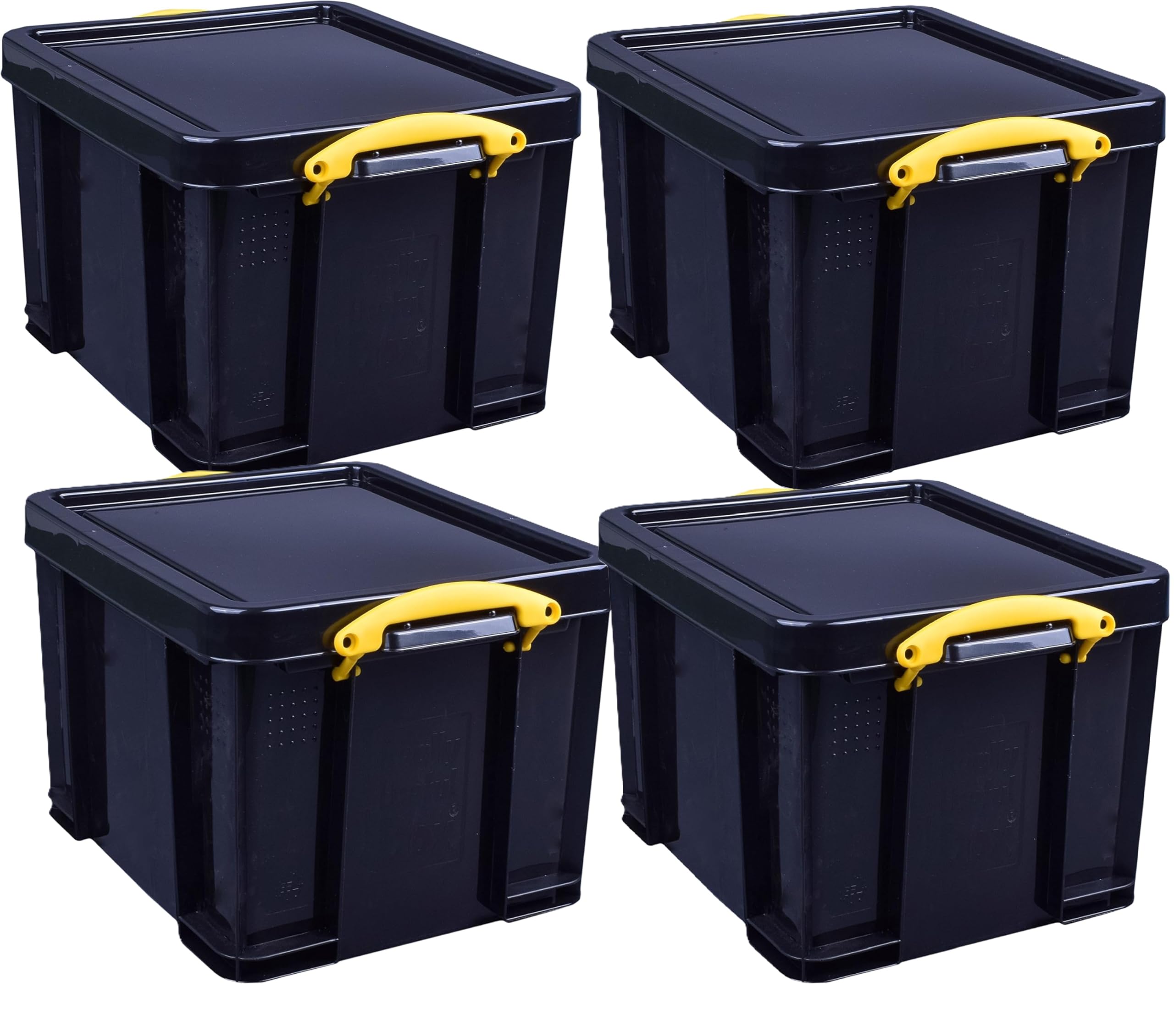 Pasha Traders Solid Black Really Useful Box Plastic Storage 35 Litre Black Yellow Handles Pack Of 4