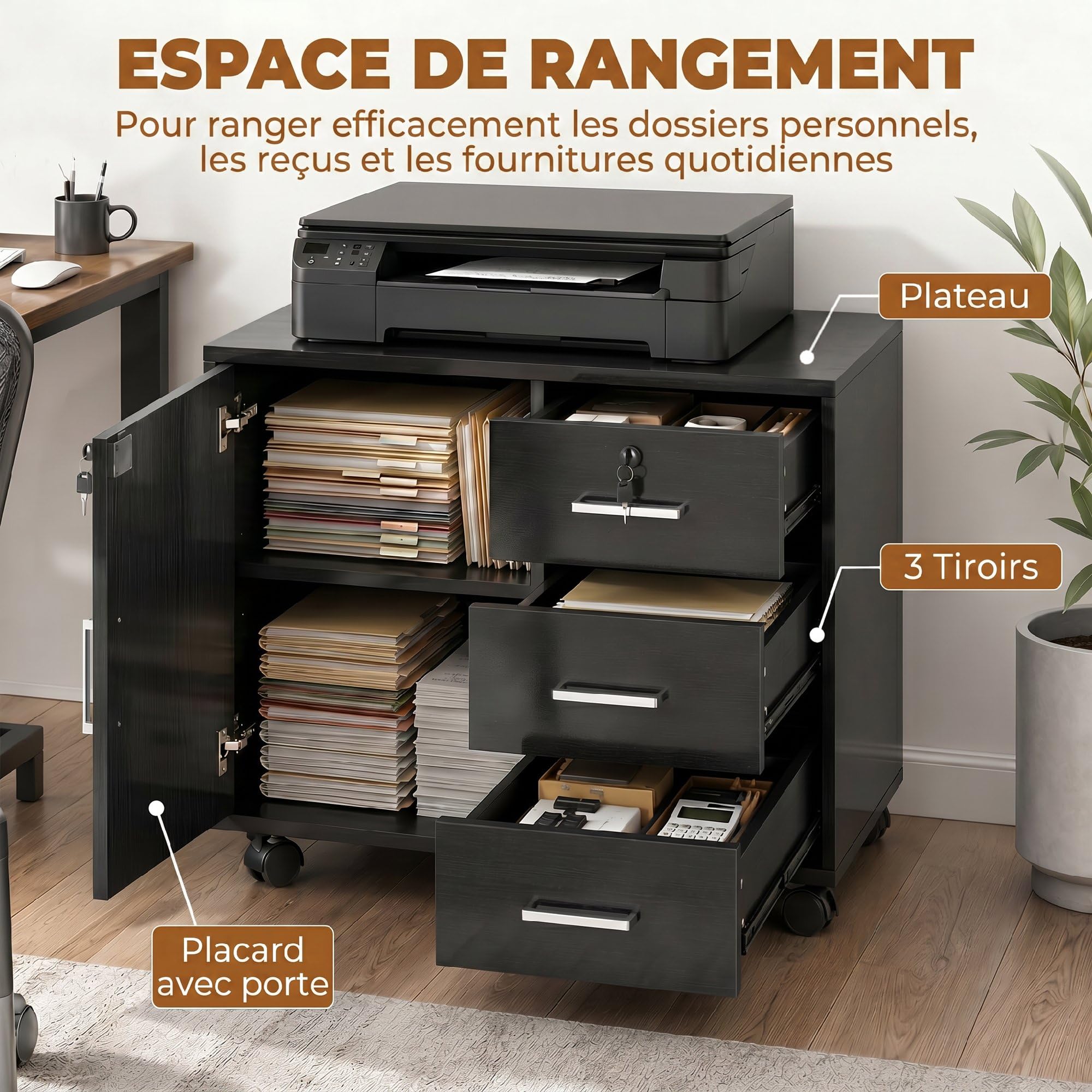HOMCOM Cassettiera da scrivania con 3 cassetti, 40 x 60 x 56 cm, colore: Nero | Armadietto portaoggetti regolabile per ufficio, ruote