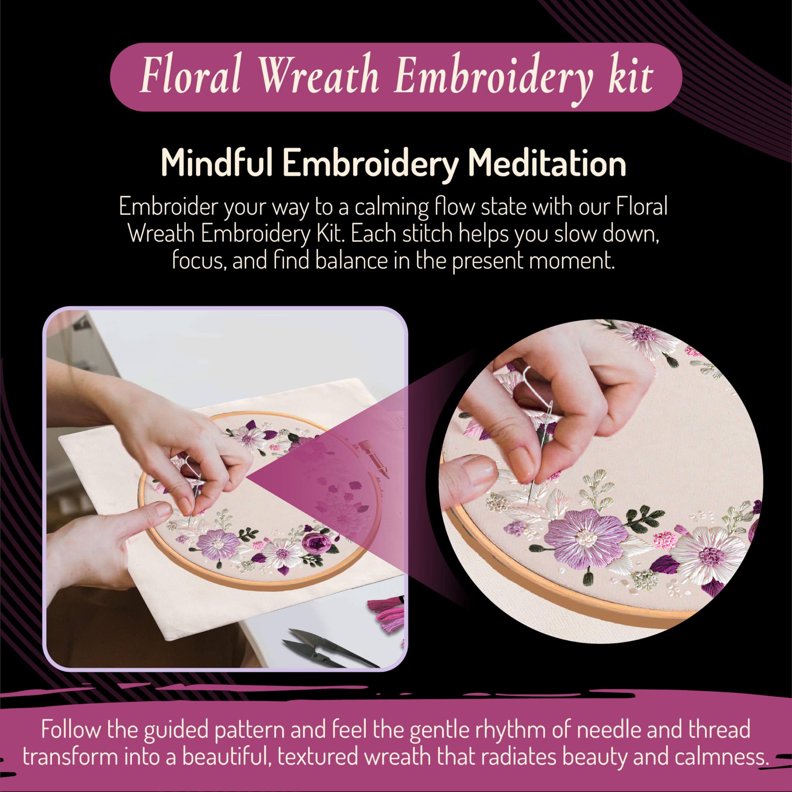 Unwynd Embroidery Kit Floral Theme for Beginners, Satin Stitch Hand Embroidery Kit for Adults, Easy DIY Craft, Valentine’s Day Gift with Flower Pattern Design 1