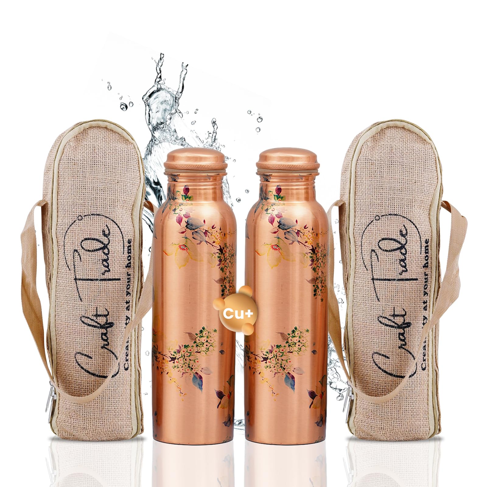 Craft Trade 100% Pure Copper Water Bottle 34 Oz, Ayurveda inspired Copper Bottle for Drinking, Handcarfted Floral Design with Jute Carry Case – Boosts Immunity & Digestion, Leak-Proof, BPA-Free - 2PK