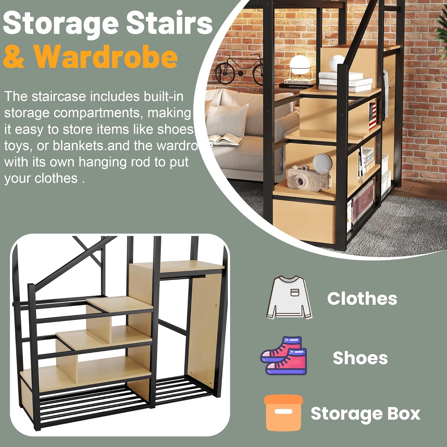 Queen Size Loft Bed Frame for Adults,Metal Lofts Bed Queen with Stairs & Storage Shelves, Heavy Duty High LoftBed with Wardrobe for Teens,Girls Boys, No Box Spring Needed, No Noise, Black