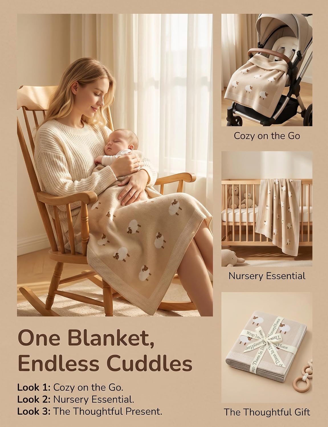 Organic Cotton Baby Blanket - Soft Luxury Knit Receiving Blanket for Newborns & Toddlers, Cozy Breathable Stroller Blanket with Pattern, Unisex, 30x40Inch（Sheep-Khaki）