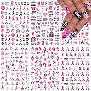 6 Sheets Breast Cancer Nail Art Stickers 3D Self-Adhesive Nail Decals Pink Ribbon Nail Stickers Heart Breast Cancer Awaren...