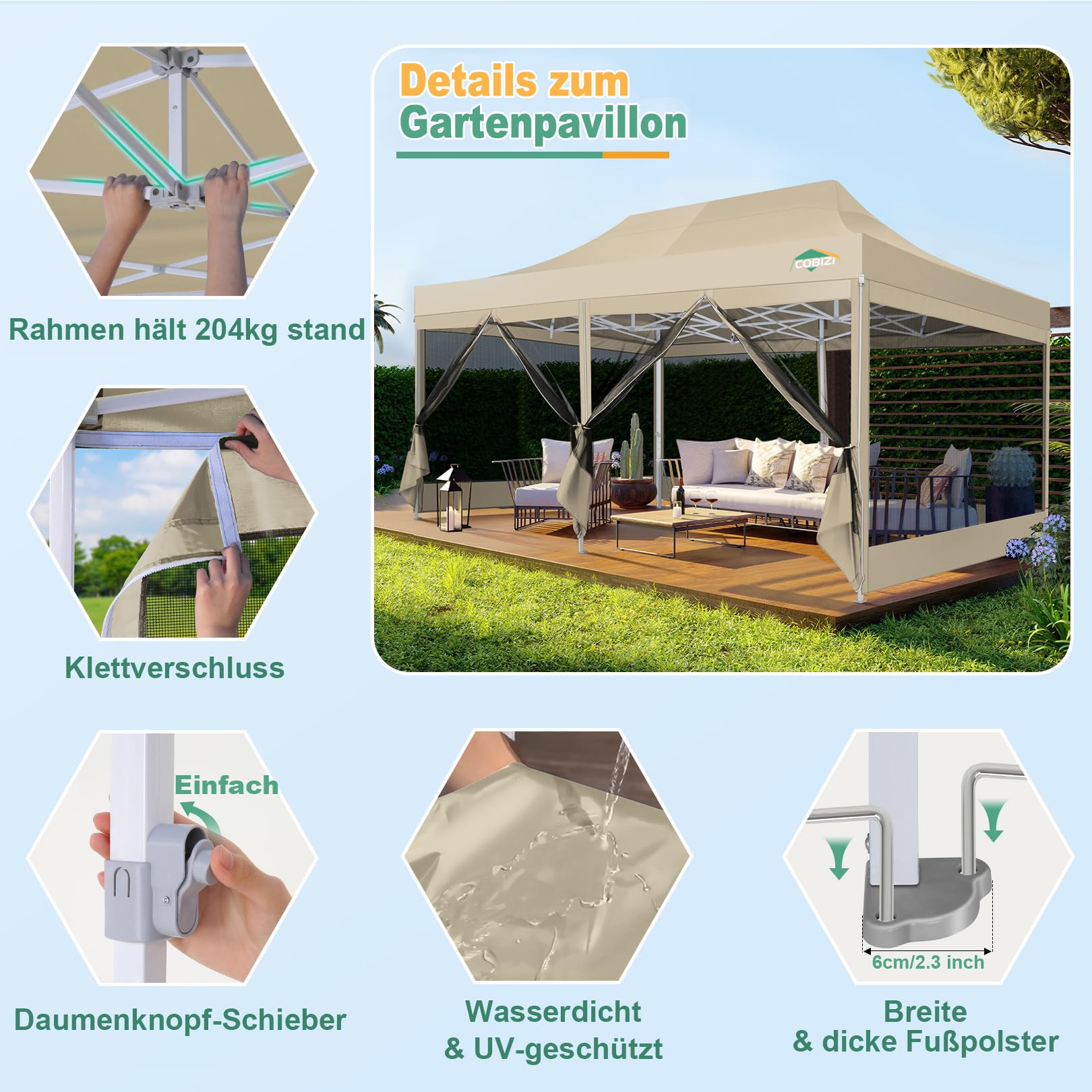 COBIZI Faltpavillon 3x6 m mit Moskitonetz, wasserdicht, stabil | UV-Schutz 50+, 3-fach höhenverstellbar, 6 Seitenwände, robustes 420D Oxford-Gewebe, mit Aufbewahrungstasche mit Rollen