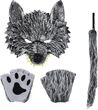 Fecialy Werewolf Costume Halloween Wolf Mask Gloves and Tails Set, Realistic Wolf Costume Cosplay Accessories Kit