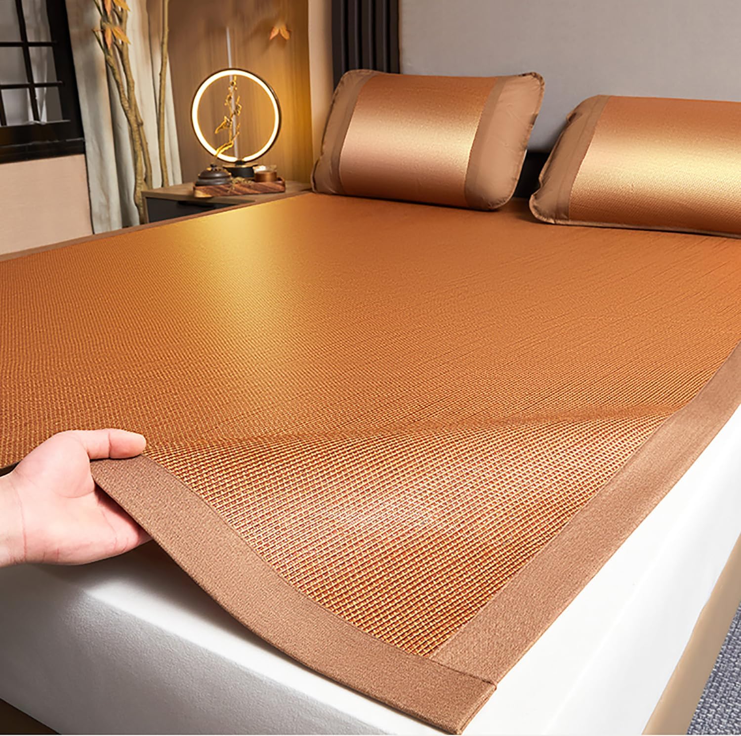 Summer Rattan Sleeping Mat Cooling Mattress Pad, Foldable Double Single Bed Mat Cool Sleeping Mattress, Mattress Topper with Straps Cool Mat for Home Floor School Dormitory