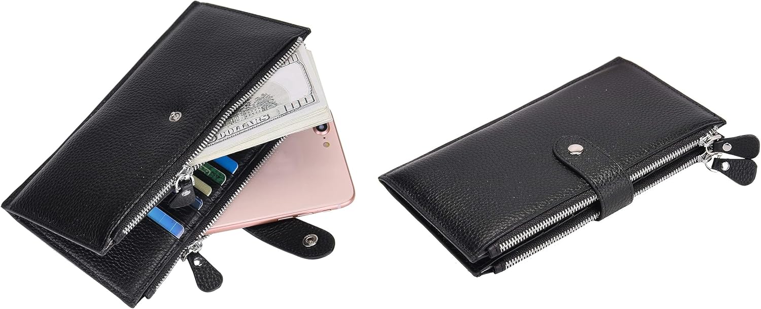 YALUXE Leather Wallets for Women Double Zipper Pockets Phone Holder 22 Card Slots Organizer Billfold with ID Window - Image 5