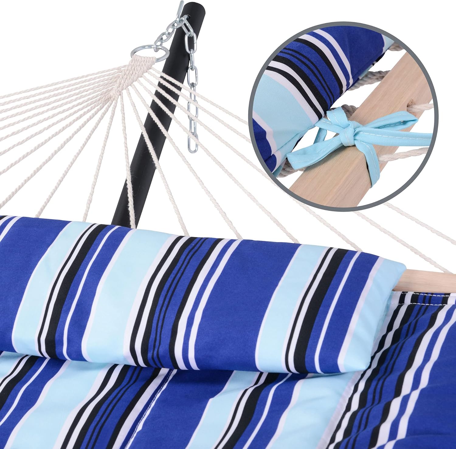 SUNCREAT 2 Person Hammock with Hardwood Spreader Bar, Outdoor Rope Hammock with Polyester Pad, 475 lbs Capacity, Blue Stripes : Patio, Lawn & Garden