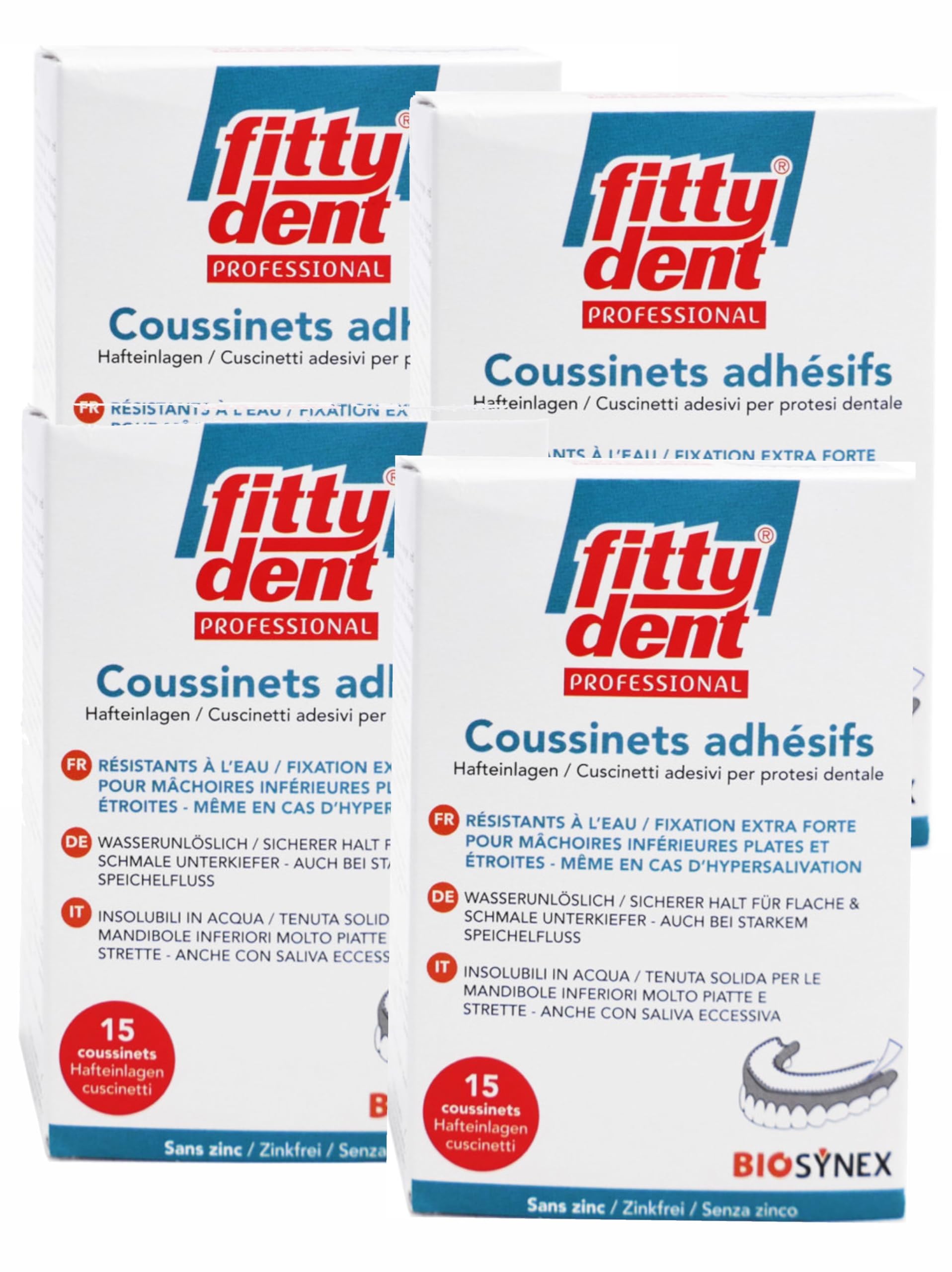 Fittydent Boîte de 15 Coussinets Adhésifs de Fitty dent Lot de 4 boites