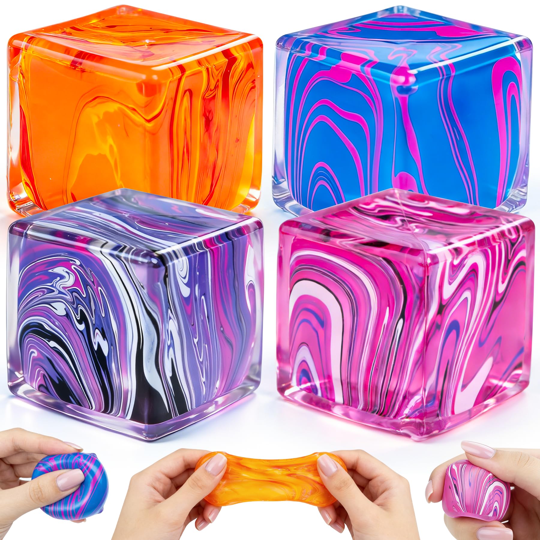 Photo 1 of 4 Pack Sensory Squeeze Cubes, Soft Stretchy Fidget Toys for Kids and Adults, Stress Reducing Hand Toys for Focus, Calm, and Relaxation, Durable Silicone Stress Relief Toys for Classroom and Office