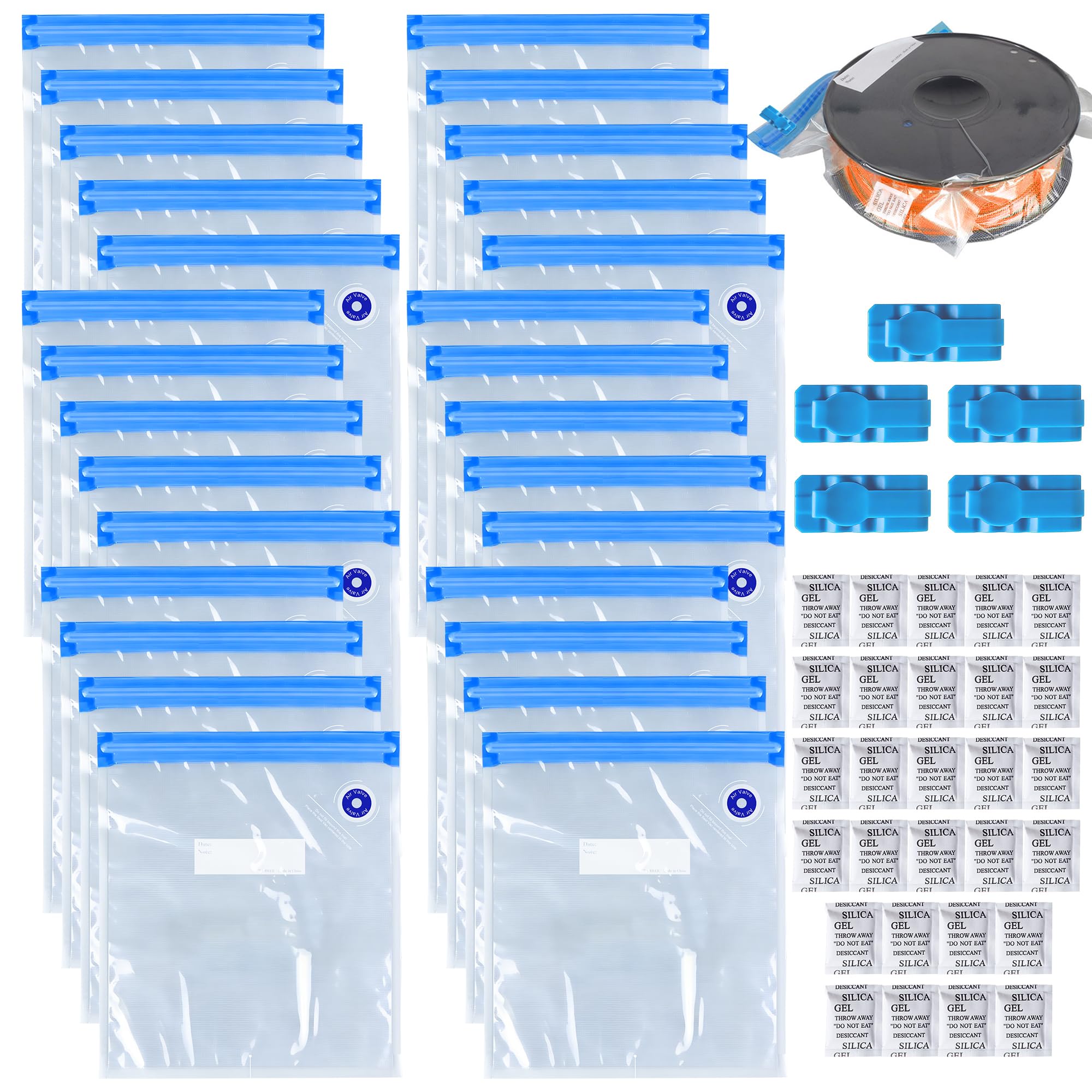 Ferenando 28 Pcs Filament Vacuum Bags Kit, 30x34cm 3D Filament Storage Bags with 28 Desiccants & 5 Seal Clip, Reusable Food Vacuum Sealer Bag for Vac Storage, Meal Prep or Sous Vide