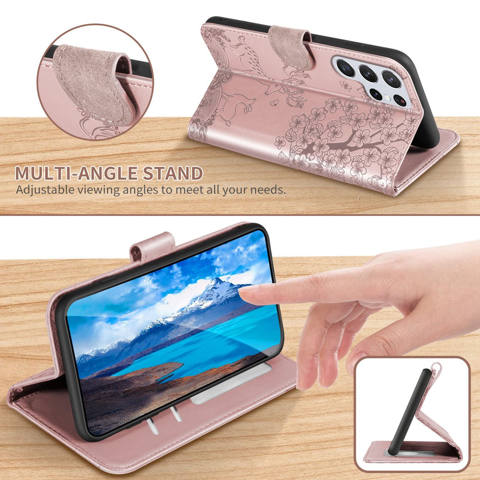 Etui do Samsung Galaxy S22/S22 Plus/S22 Ultra, wytłaczany jeleń skóra PU, portfel etui z przegródkami na karty podpórka, magnetyczne etui na telefon z klapką, różowe, S22 6,1"