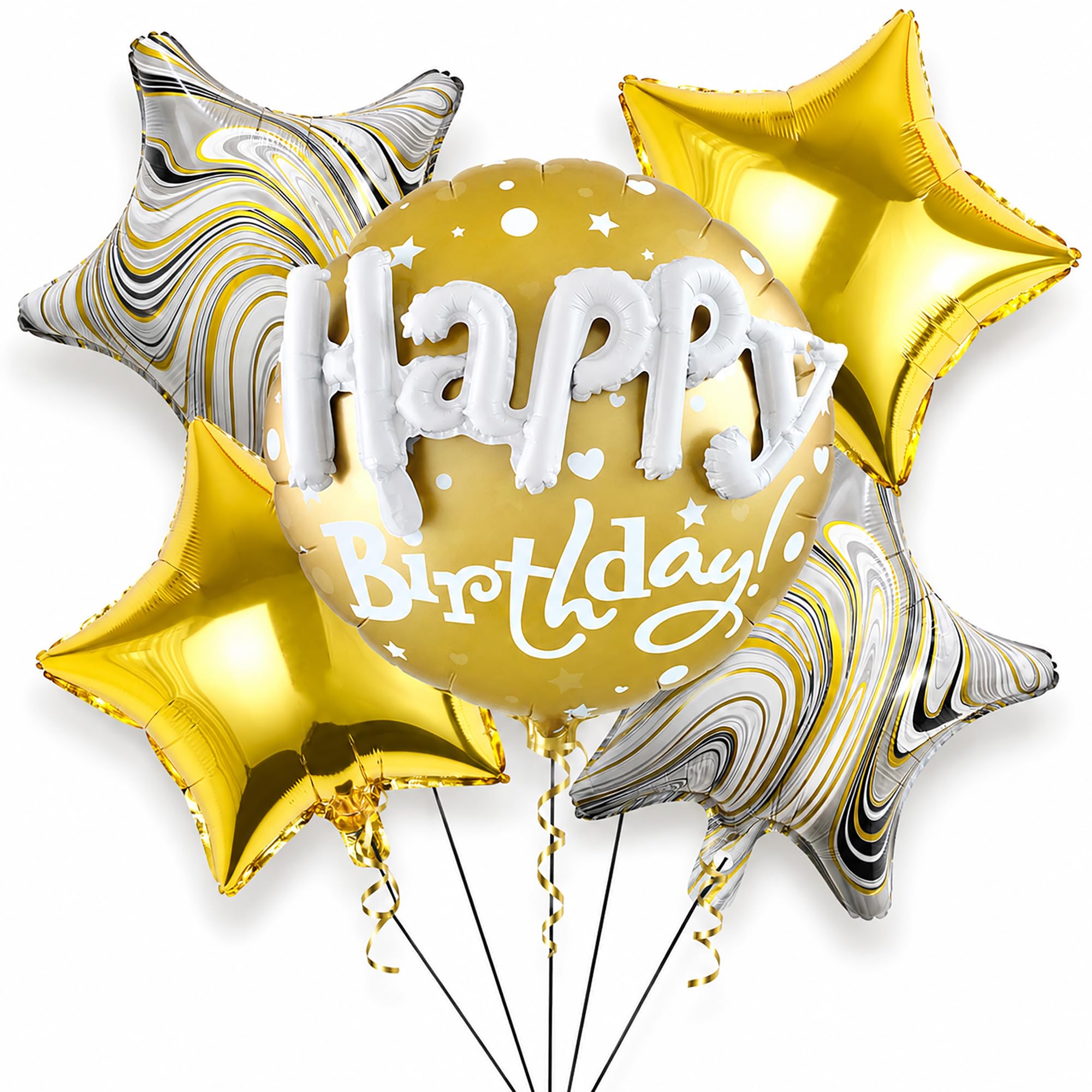 5 Pcs Happy Birthday Foil Balloon Set, Gold Star Balloons with Ribbons