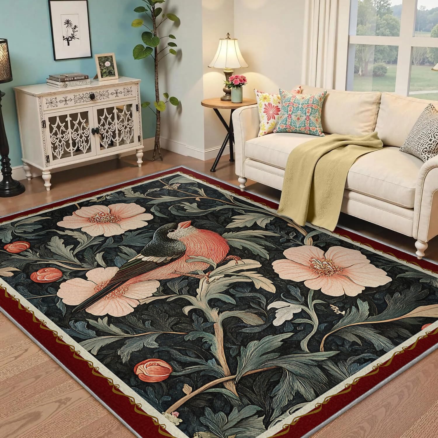 Tapis lavable 120x170cm antidérapant et fin à motif pivoines