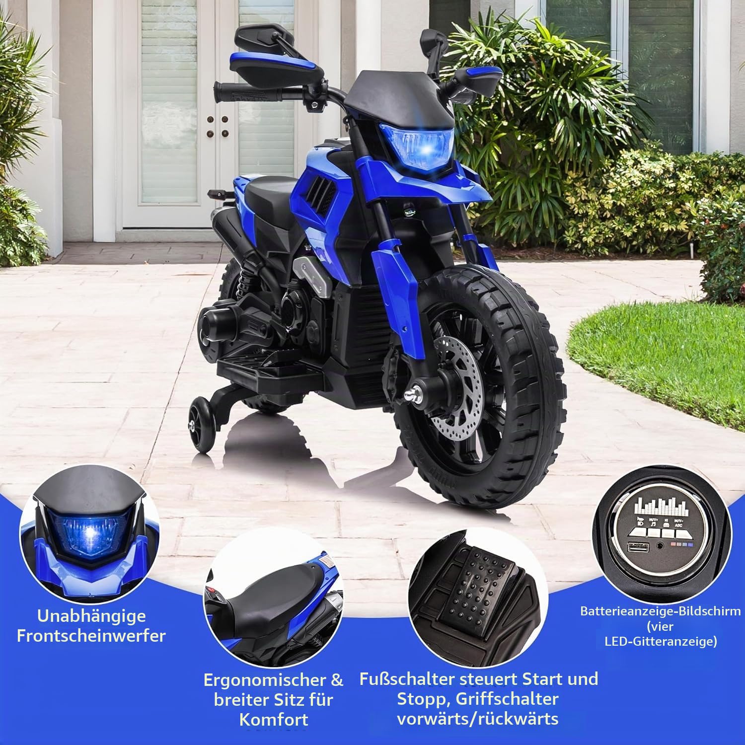 Elektro-Motorrad Kinder 6V mit Stützrädern, Kindermotorrad mit LED und Musik, Akku 6V4Ah, Belastbarkeit 25 kg, Elektrisches Spielzeug für Jungen und Mädchen 3-6 Jahre, Blau