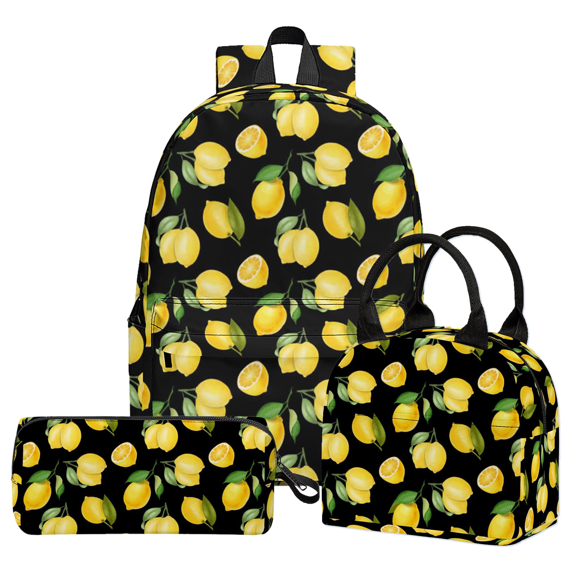 Okiretin 3PCS Girls Boys Backpack, Kids School Backpack with Lunch Box Pencil Case Set, Cute LemonBackpack for Girls Teens, 17" Schoolbag Bookbag for Elementary Middle High School Students
