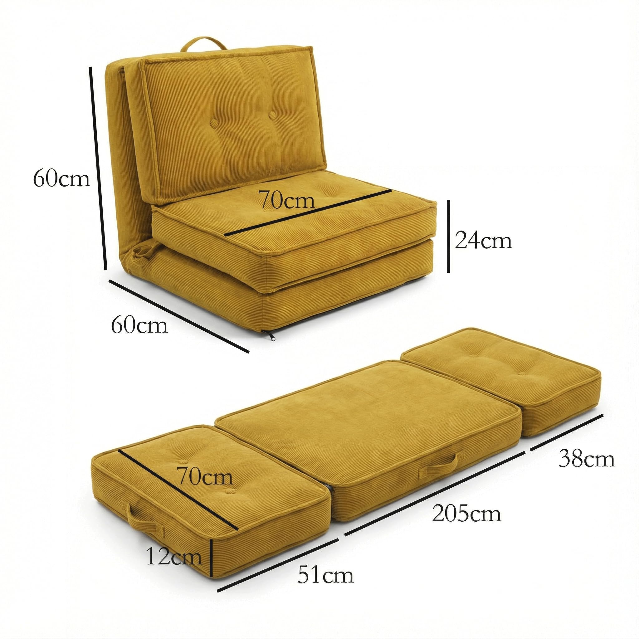 Fabulcozy Poltrona Letto 4-in-1, Schienale Regolabile 5 Posizioni in Velluto a Coste, Struttura in Ferro, Maniglia e Cinghie, Poltrona Multiuso per Soggiorno, Ufficio,Giallo