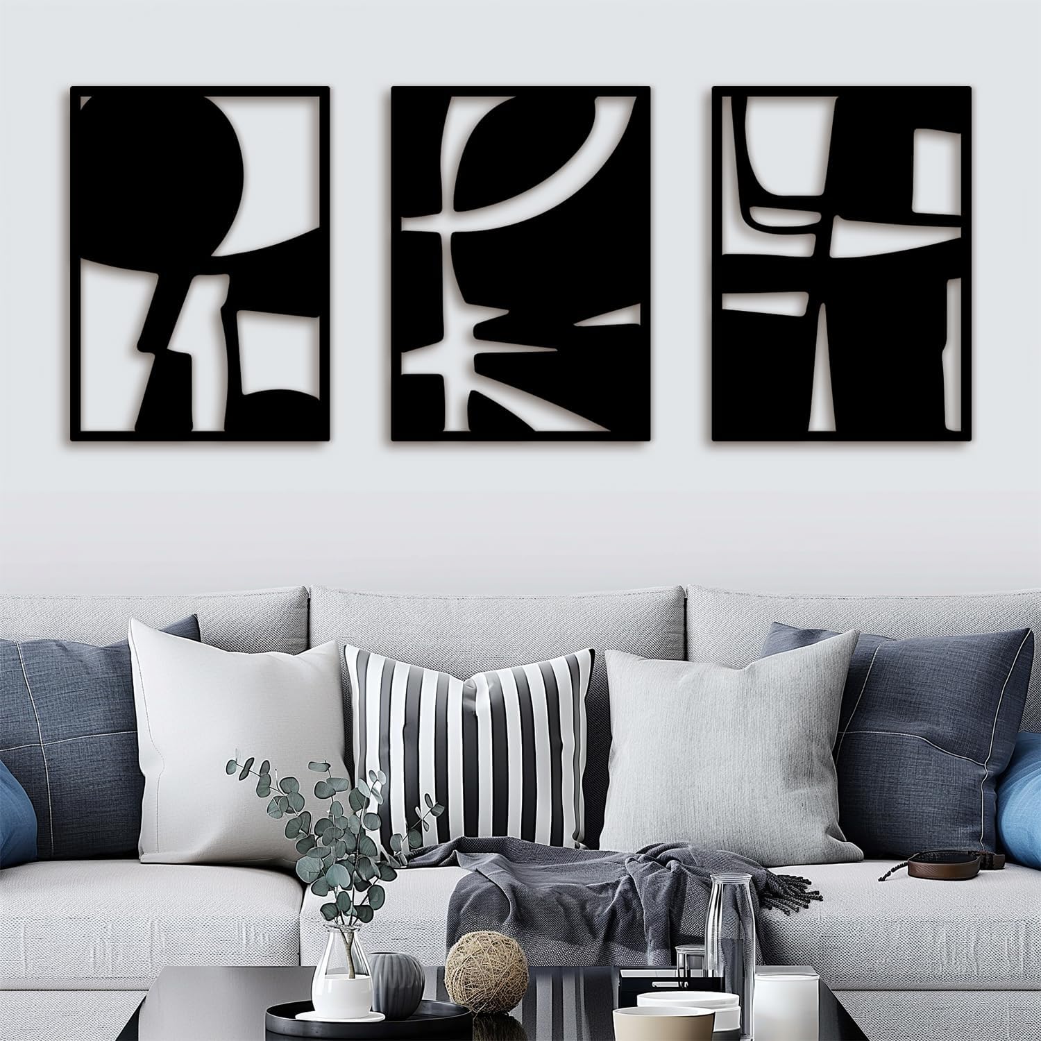 Black Metal Wall Art Decor - Abstract Minimalist Décor Line Art 3D Textured Metal Sculptures Wall Decor Wall Art for Living Room Bedroom Bathroom Dining Room Hanging Farmhouse Wall Decorations 3 Piece