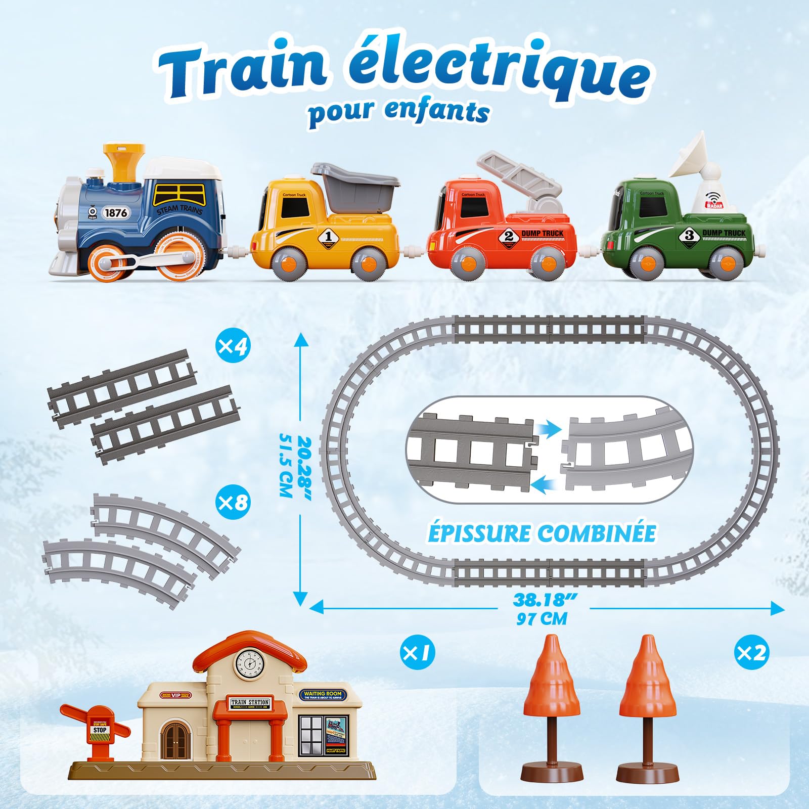 Hot Bee Train Electrique Enfant 3 4 5 6, Petit Circuit Train Vapeur Electrique 3+ Ans, 3 Véhicules D'ingénierie à Fixation Magnétique, avec Lumières et Effets Sonores, avec Piste Elliptique, Village