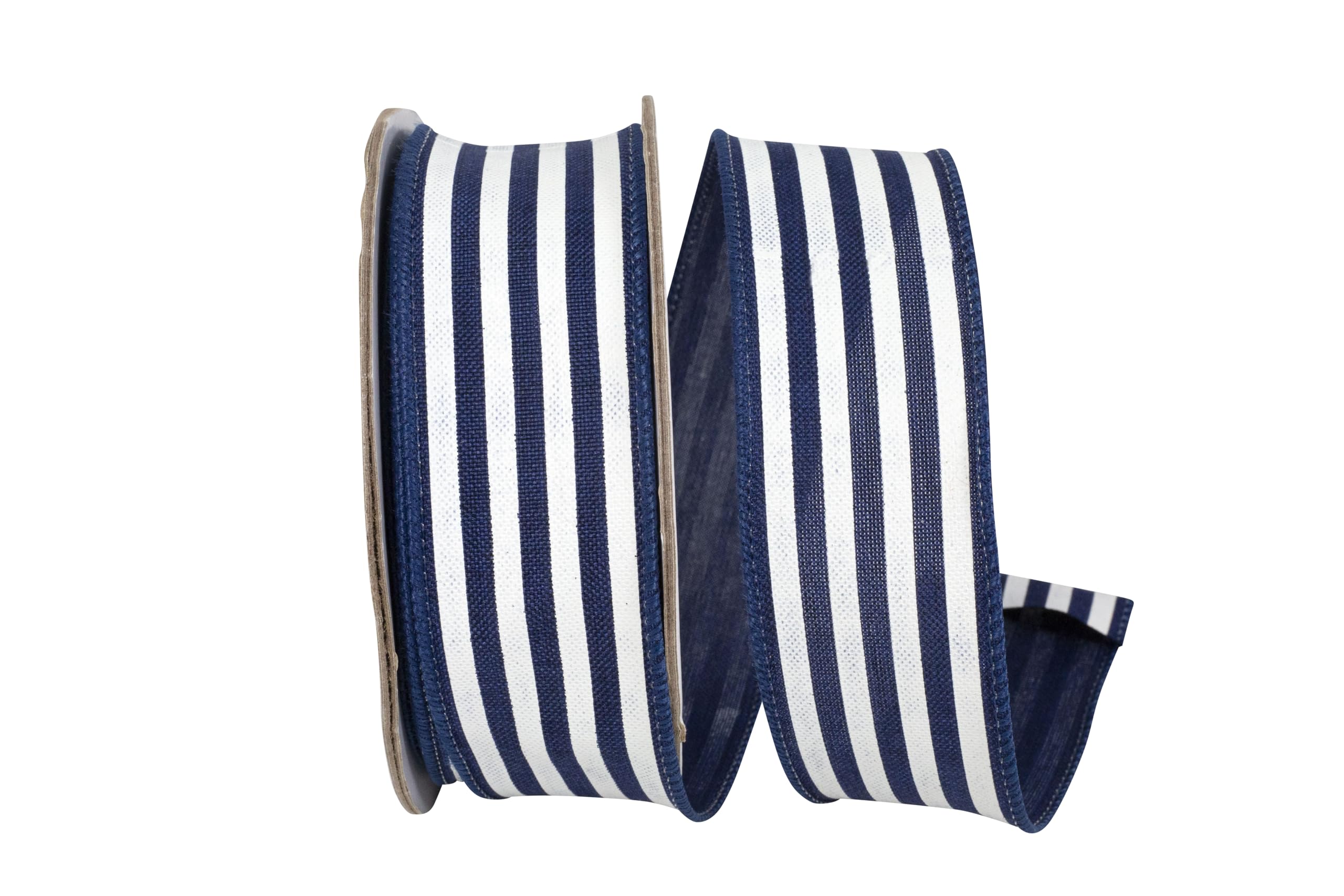 Reliant Ribbon Striped Linen Value Wired Edge, Navy/White, 1-1/2 Inch, 10 Yards