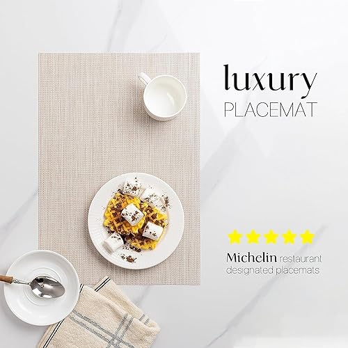 Miniatura 2 de LEXMORE Juego de 6 manteles individuales tejidos de vinilo/plástico para mesa de cocina para interiores y exteriores, lavables, manteles A-beige