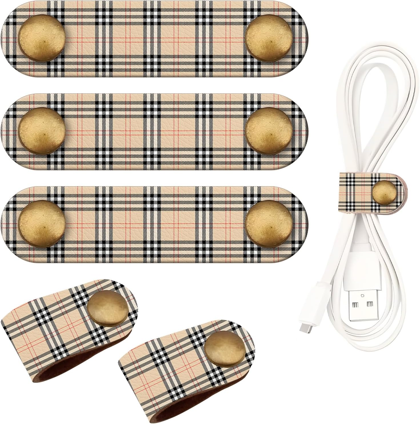 5 Pack Cord Organizer, Premium Leather Cord Keeper, Colorful Funny Cable Organizer USB Holder, Cute Cable Management Cable Straps Luxury Plaid