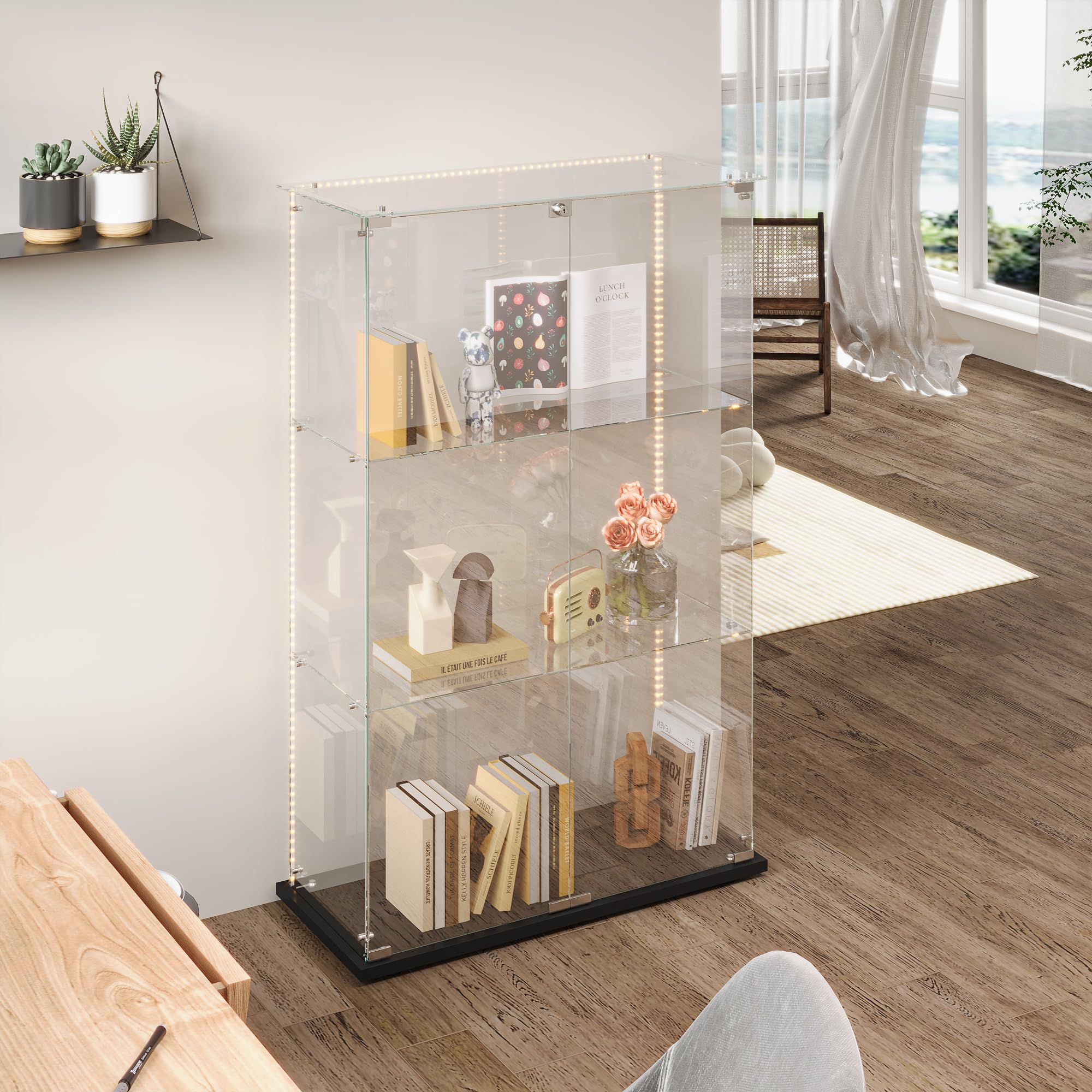 Vetrina in vetro con LED, armadio vetrina per collezione con base armadietto, vetrina da parete per collezione moderna con 3 ripiani e 2 porte, VitRine su base in vetro (Nero-2porta, 79x35x124)