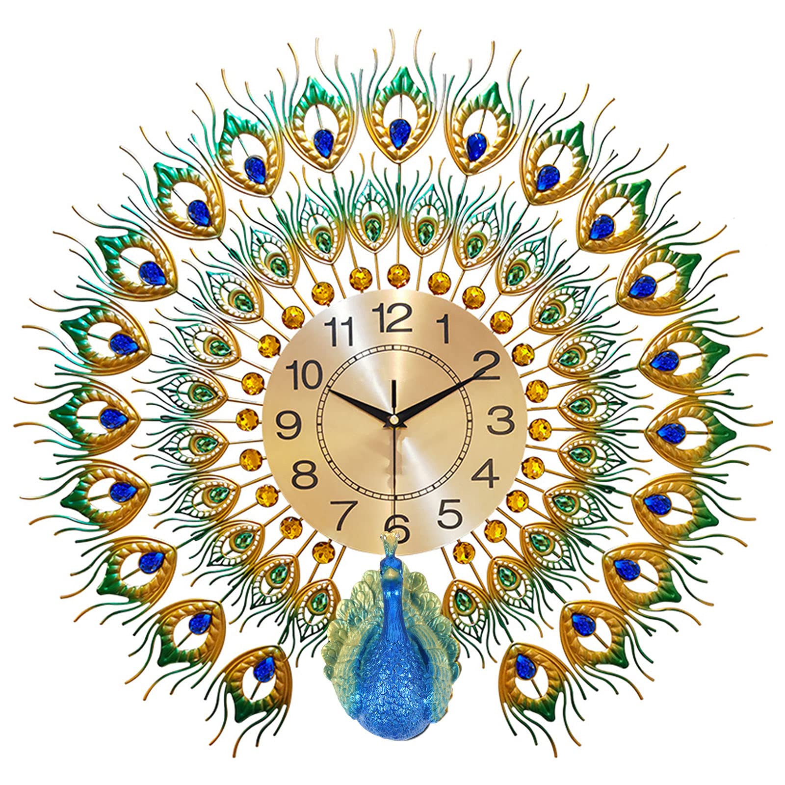 Horloge murale Paon en cristal de style européen et moderne avec mouvement à quartz silencieux