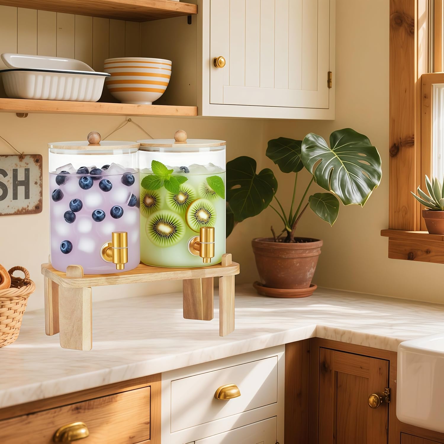 2 Pack Drink Dispenser with Wood Stand, Glass Beverage Dispenser with Spigot and Labels, Glass Water Dispenser for Parties, Lemonade Dispensers for Juice, Tea, and Home Bar Party Drinks (1 Gallon) - Image 8