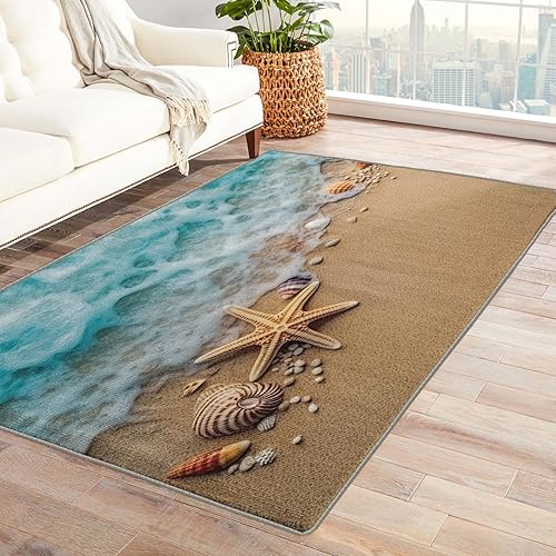 Miniatura 1 de Alfombras de océano para dormitorio, sala de estar, alfombra de playa con concha de estrella de mar de 6 x 9 pies, lavable, antideslizante, suave,
