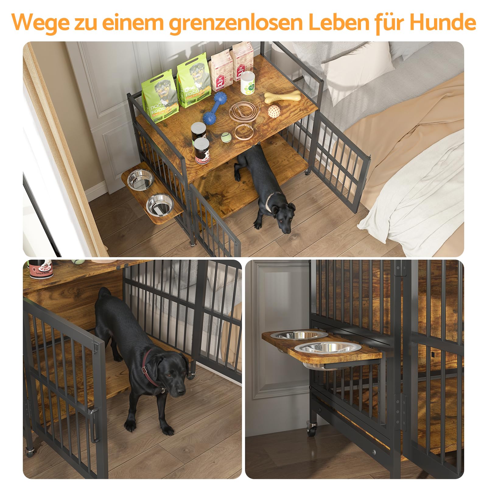 Hundekäfig Möbel mit Lagerregal, 99x58x96,5cm, Hundebox Möbel mit 360° Drehbaren Hundenäpfen und mit Rädern, Hochbelastbarer Hundekäfig für Zuhause, Hundeschrank für große und mittlere Hunde