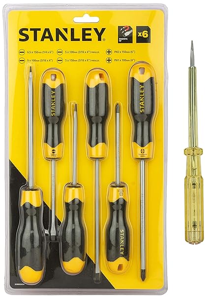 STANLEY 66-120 178mm/7.5'' Spark Detecting 2-in-1 Screwdriver 5mm, 100-500V AC+STANLEY STHT65242-8 6-Piece Cushion Grip Screwdriver Set