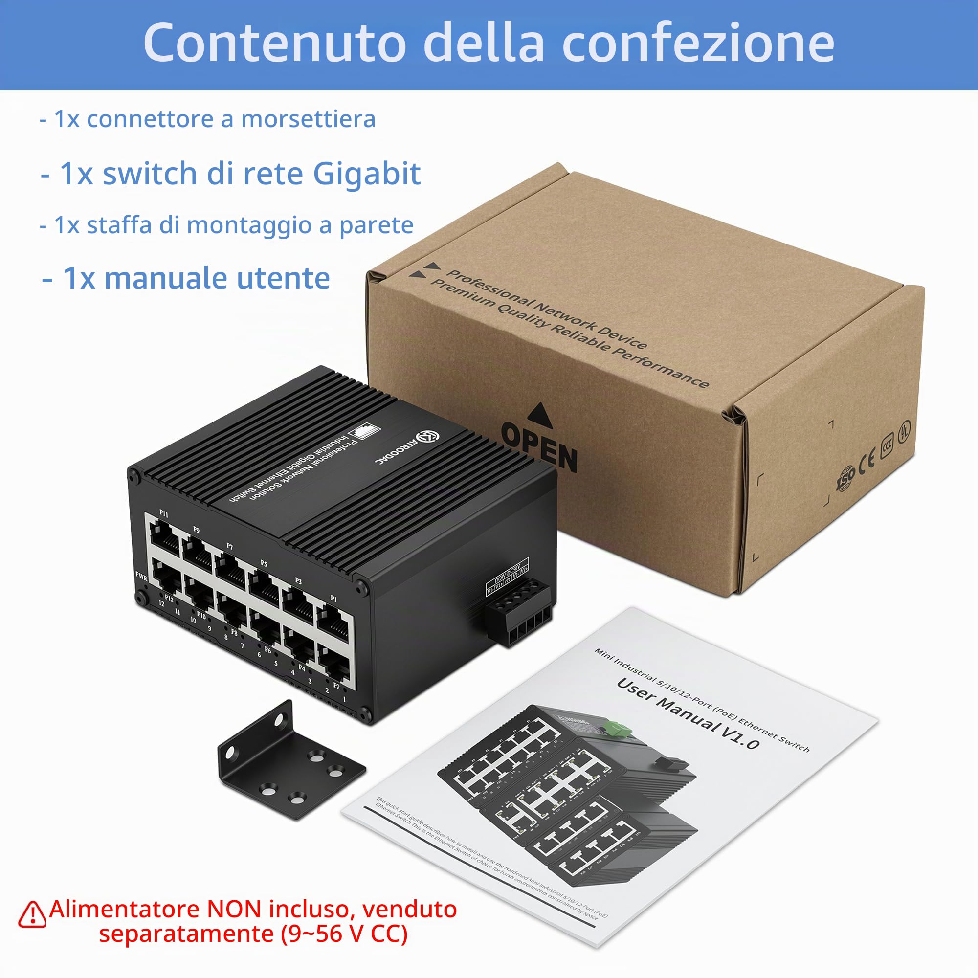 Switch Gigabit Mini Ethernet a 12 porte Switch di rete non gestito ad alta efficienza energetica Ottimizzazione del traffico Splitter Ethernet IP40 Robusto metallo Montaggio a parete 20Gbps