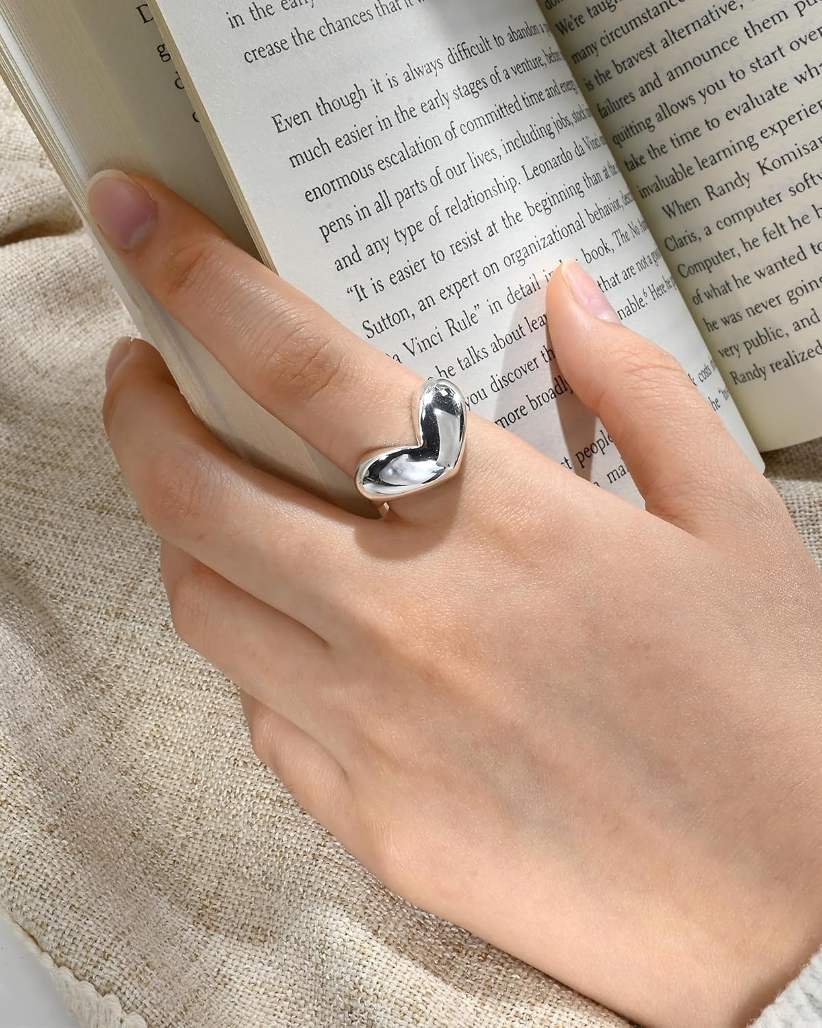 925 Silver Chunky Heart Ring for Women Statement Y2K Adjustable Rings Heart Jewelry Valentine's Day - Image 3