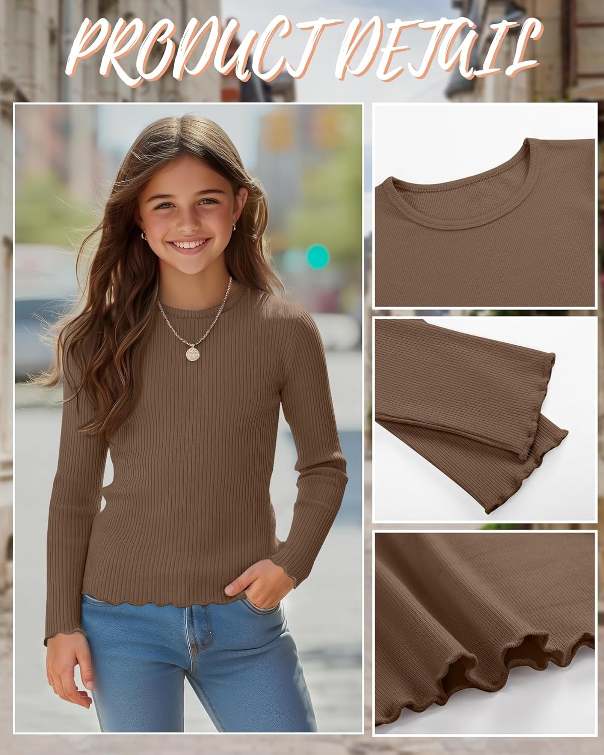 3 Pack Girls' Long Sleeve Tops Crewneck Ribbed Tees Shirt Cotton Lettuce Trim Cute Undershirt Base Layering - Image 5