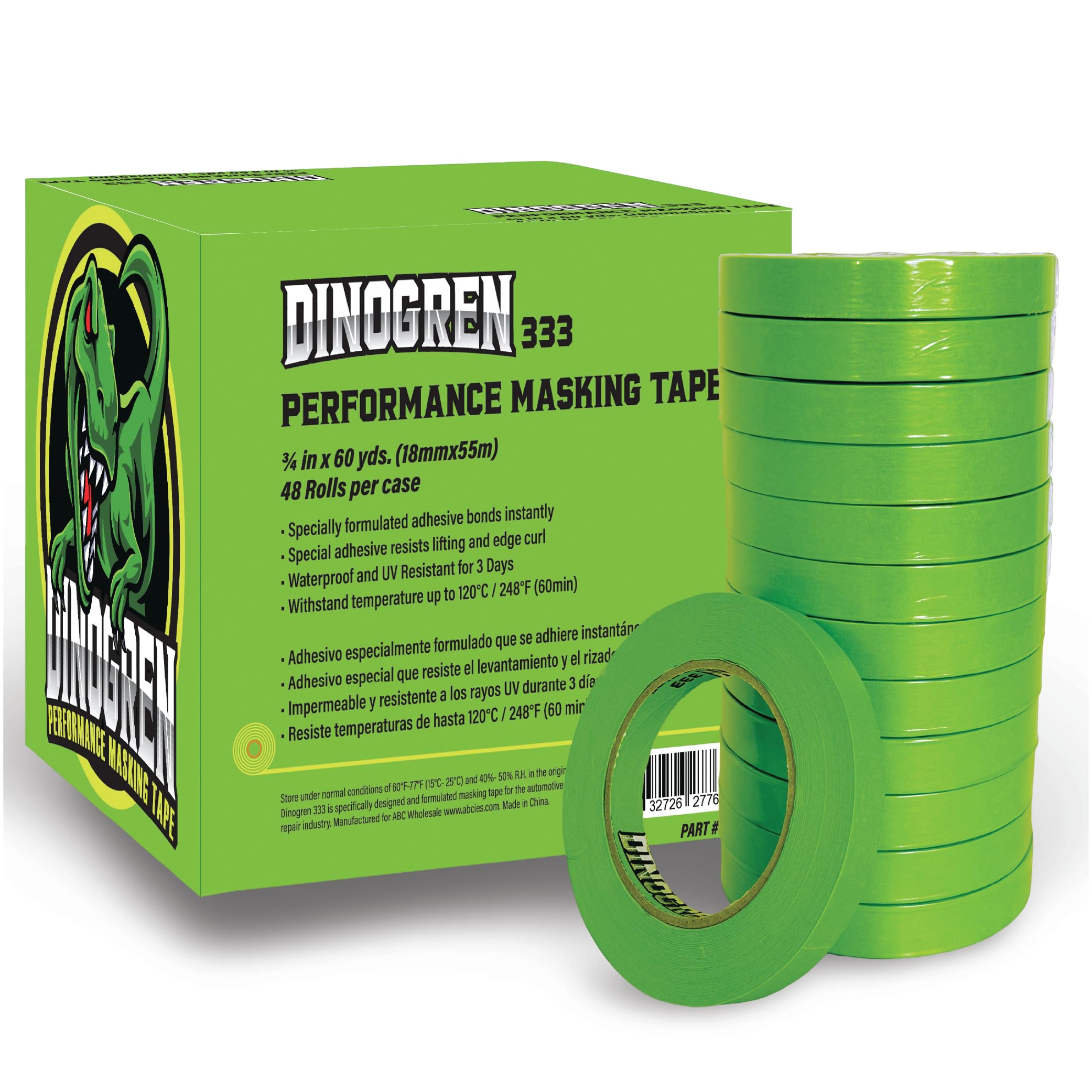 LAUCO DINOGREN High Performance Automotive Masking Tape – 0.75 Inch x 60 Yards (48 Rolls) – Green Tape for Car Paint, Body Shop Use, Heat & Water Resistant, Clean Removal, Multi-Surface Crepe Backed
