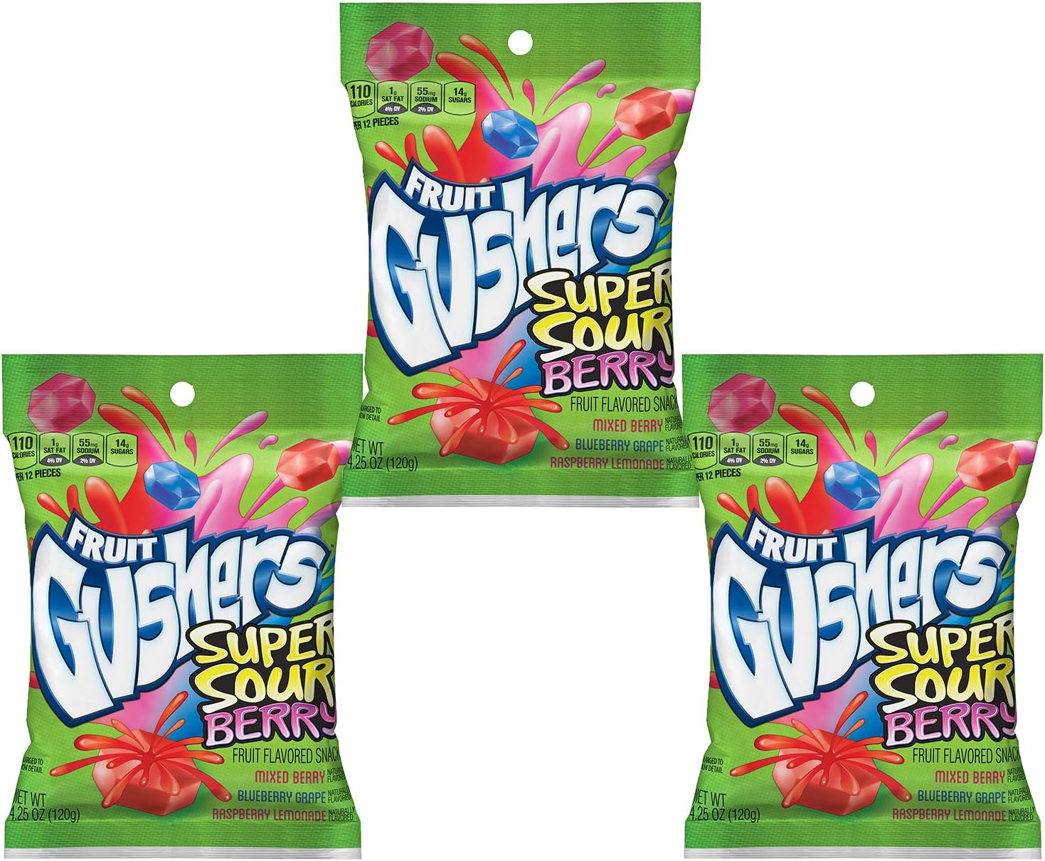 Super Sour Berry Fruit Gushers 3-Pack. Gluten-free and packed with Vitamin C.