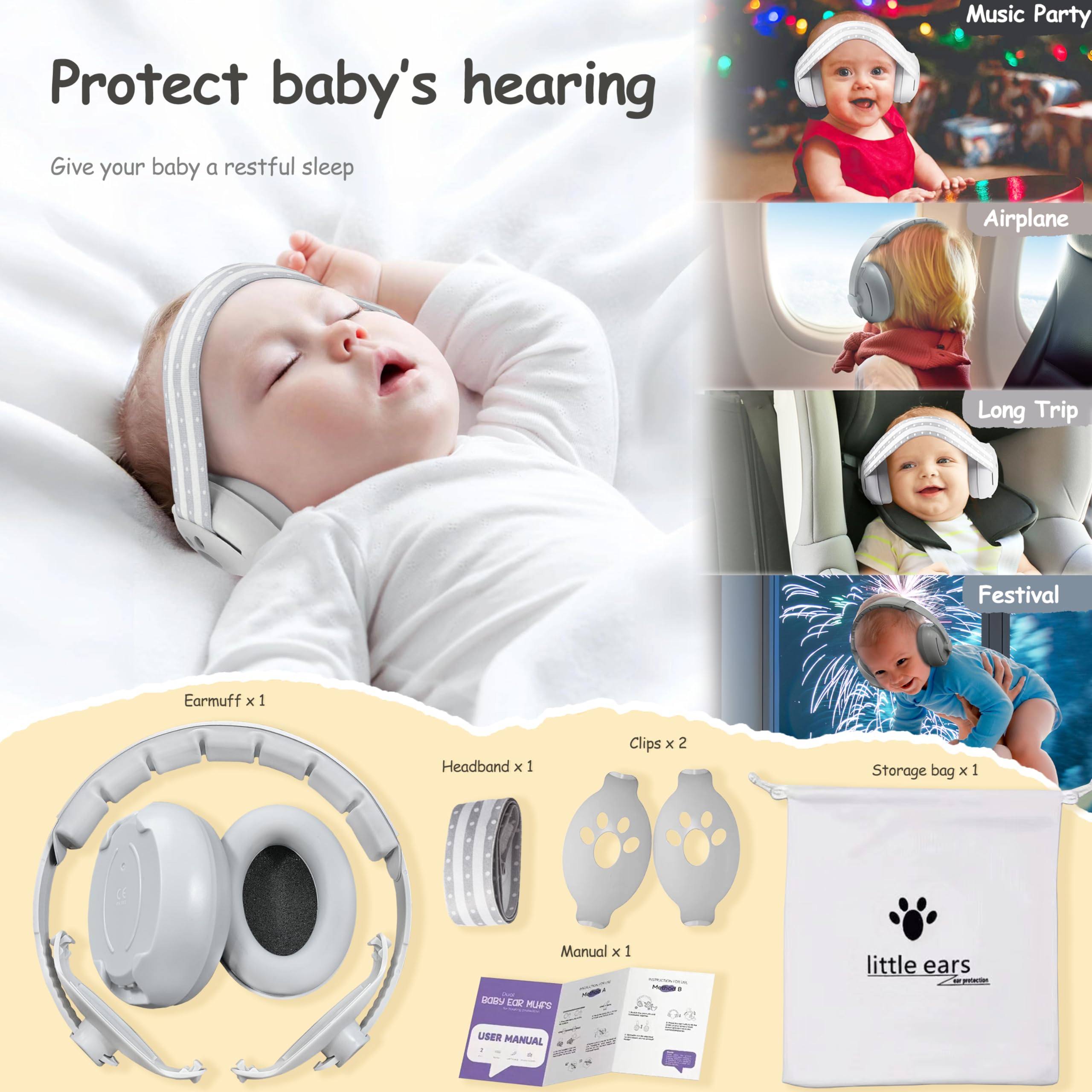 auvstar 2in1 Cuffie Antirumore Neonato,Riduzione Rumore Paraorecchie Neonati Protettori Acustici,Protezione Acustica Per Bambini,Regolabili Cuffie Protezione Dormire Bambini
