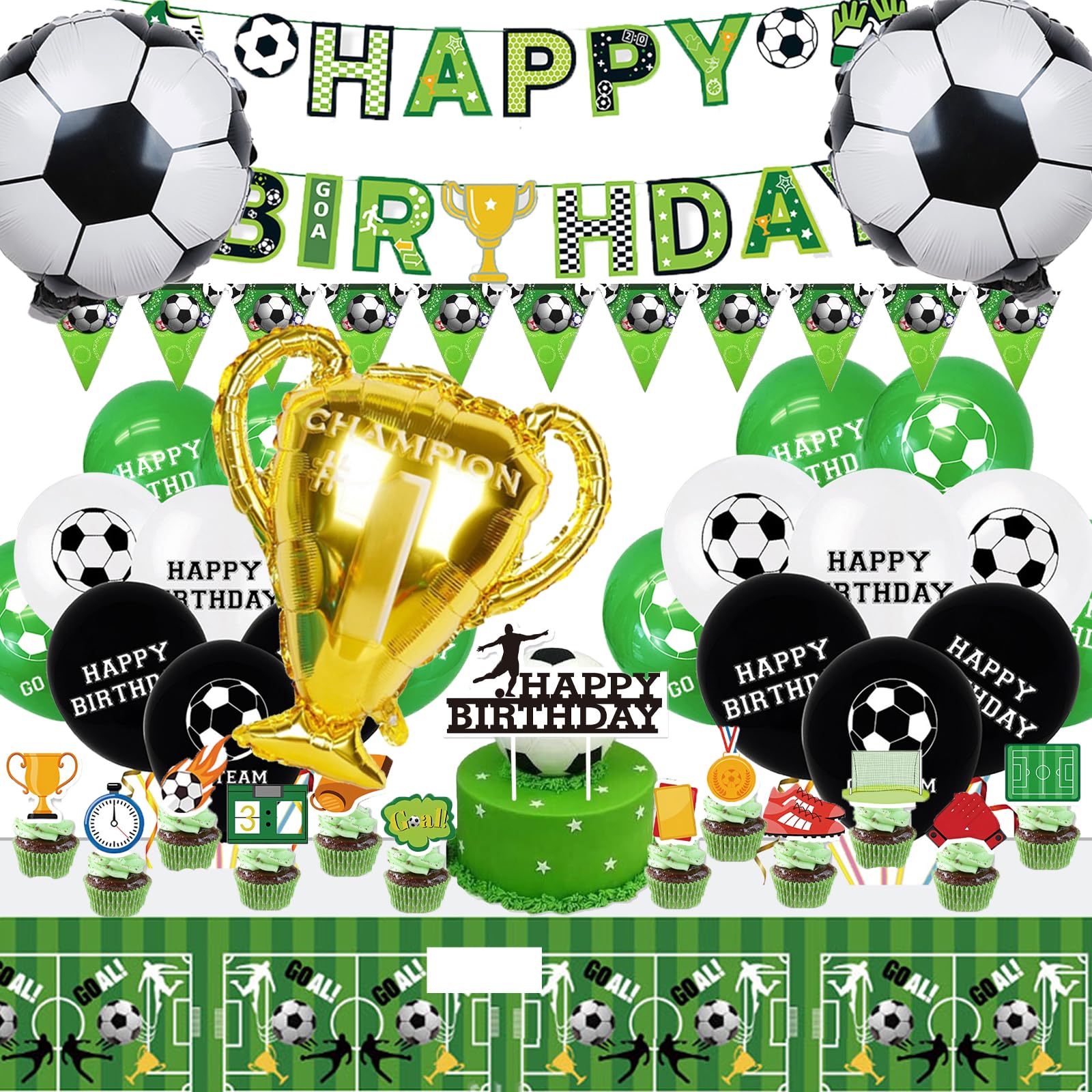 PLHDOR Soccer Birthday Party Decorations Including Happy Birthday Banner,Tablecloths,Balloons,Hanging Swirls,Cake Decorations,Football Party Supplies