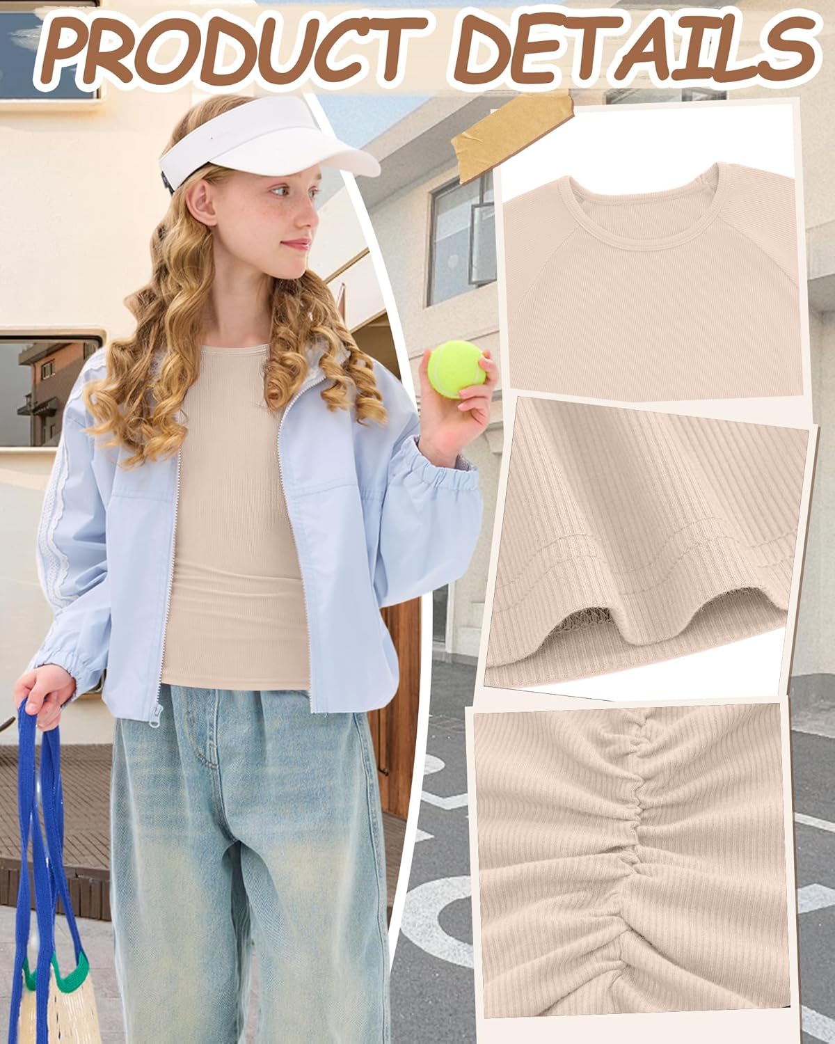 3 Pack Girls Short Sleeve Shirts Summer Slim Fit Crew Neck Tops Ribbed Knit Side Ruched Tees Basic Clothes for Kids - Image 6