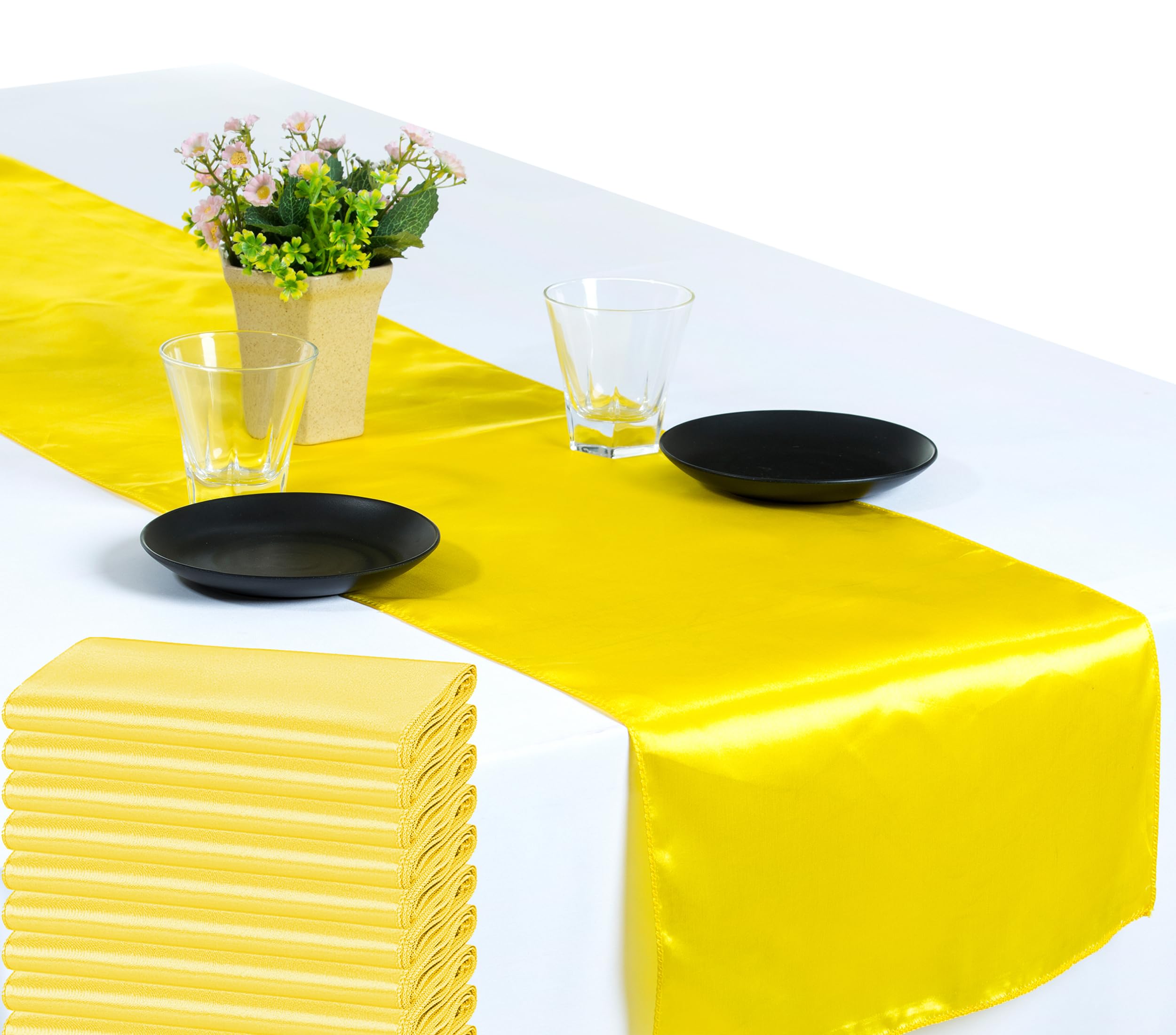 VDS Pack of 25 Satin Table Runners for Wedding & Party Décor 12” x 108”, Smooth Glossy Sateen Fabric Runner, Dining Table Decoration for Reception Banquet & Events Hotel Restaurant - Yellow