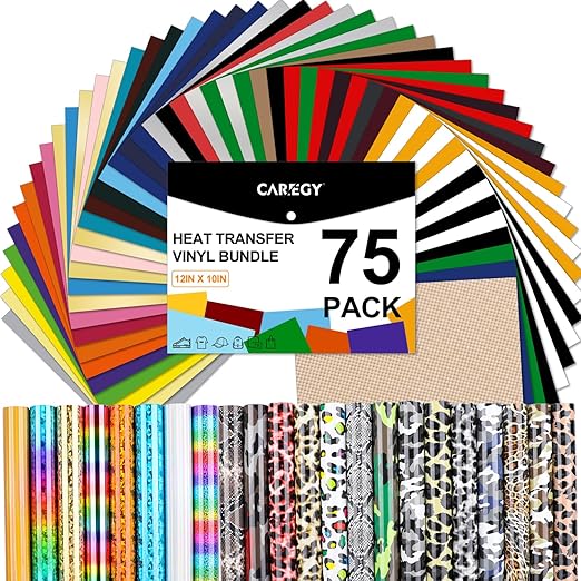 CAREGY HTV Heat Transfer Vinyl Bundle: 75 Pack 12" x 10" Iron on Vinyl for T-Shirt, 57 Assorted Colors for All Cutter Machine or Heat Press Machine